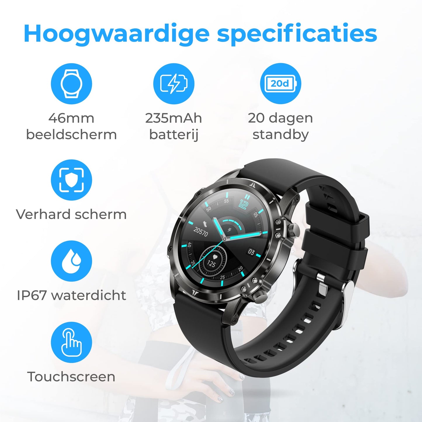 Nuvance - Luxe Smartwatch - voor Dames en Heren - Android en iOS - 45mm - CF89 - Touch Screen - IP67 Waterdicht - Smartwatches voor Kinderen - Zwart