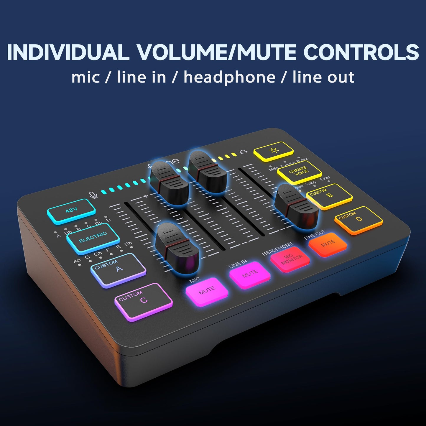 FIFINE Gaming Audio Mixer, Streaming RGB pc-mixer met XLR-microfooninterface, individuele bediening, volumeregeling, mute-knop, 48 V fantoomvoeding, voor podcast, opname, zang