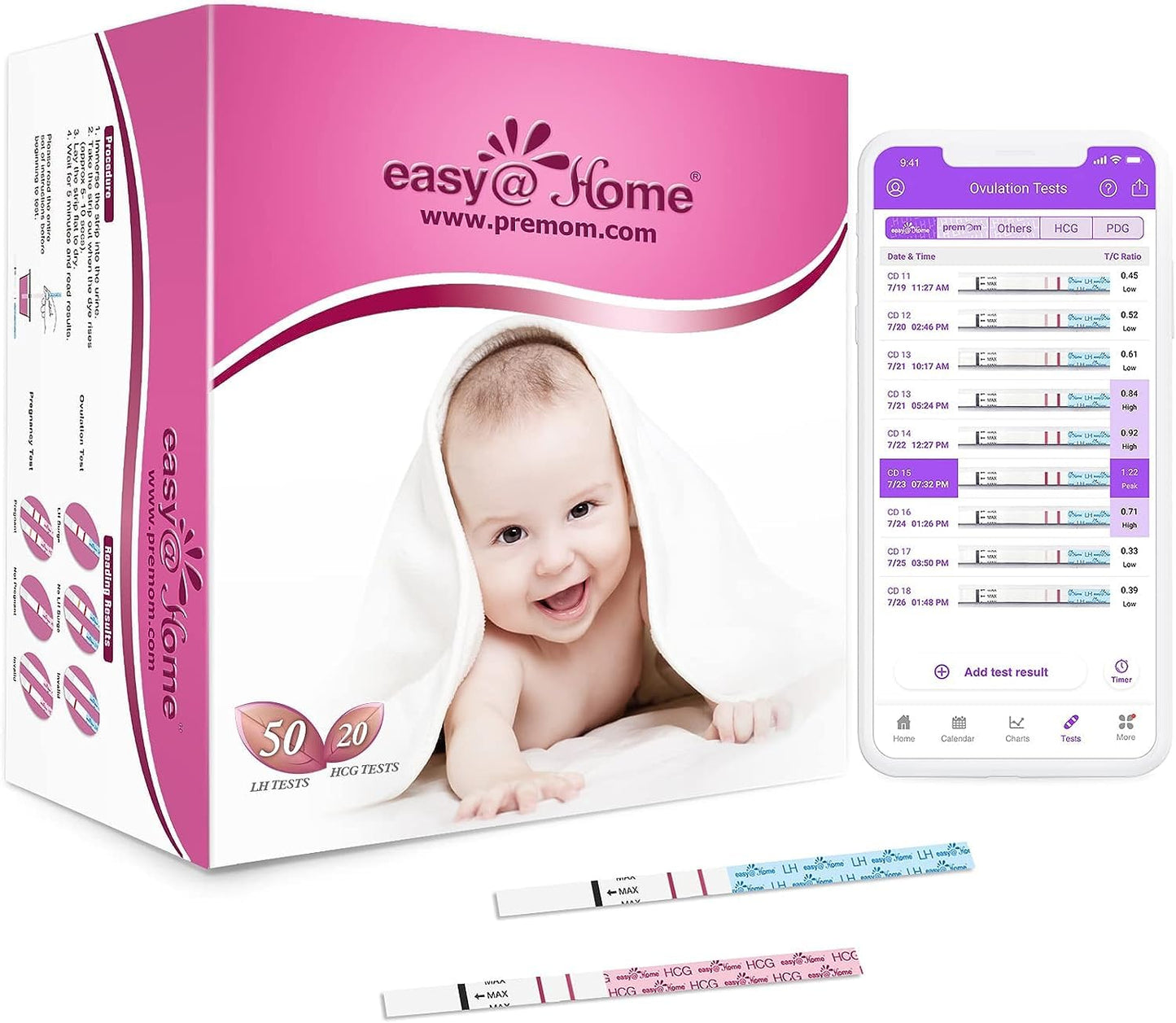 Easy@Home 50 x Ovulatietesten en 20 x Zwangerschapstesten, Met Premom Ovulatie Predictor iOS en Android App, 50 LH +20 HCG