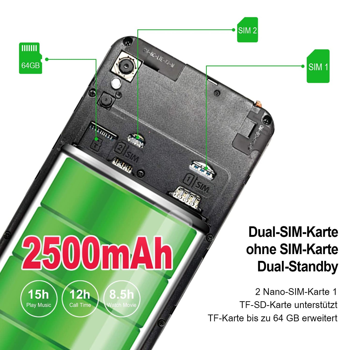 KXD 6A Mobiele Telefoons Android 8.1-3G Dual SIM Goedkope Smartphones Ontgrendeld 3in1 Sleuf 5,5 inch Scherm 1GB RAM 8GB ROM 5MP+0.3MP+2MP Drievoudige Camera's Gezicht Ontgrendelen, Zwart