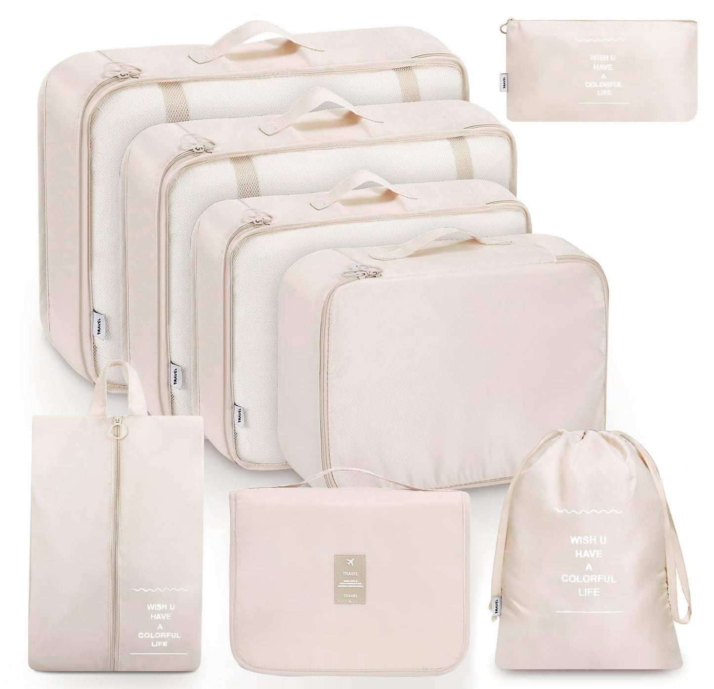 Packing Cubes, 8-delige set, kledingtassen, koffer-organizer voor vakantie en reizen, set pakkubussen, opbergsysteem voor koffer, beige