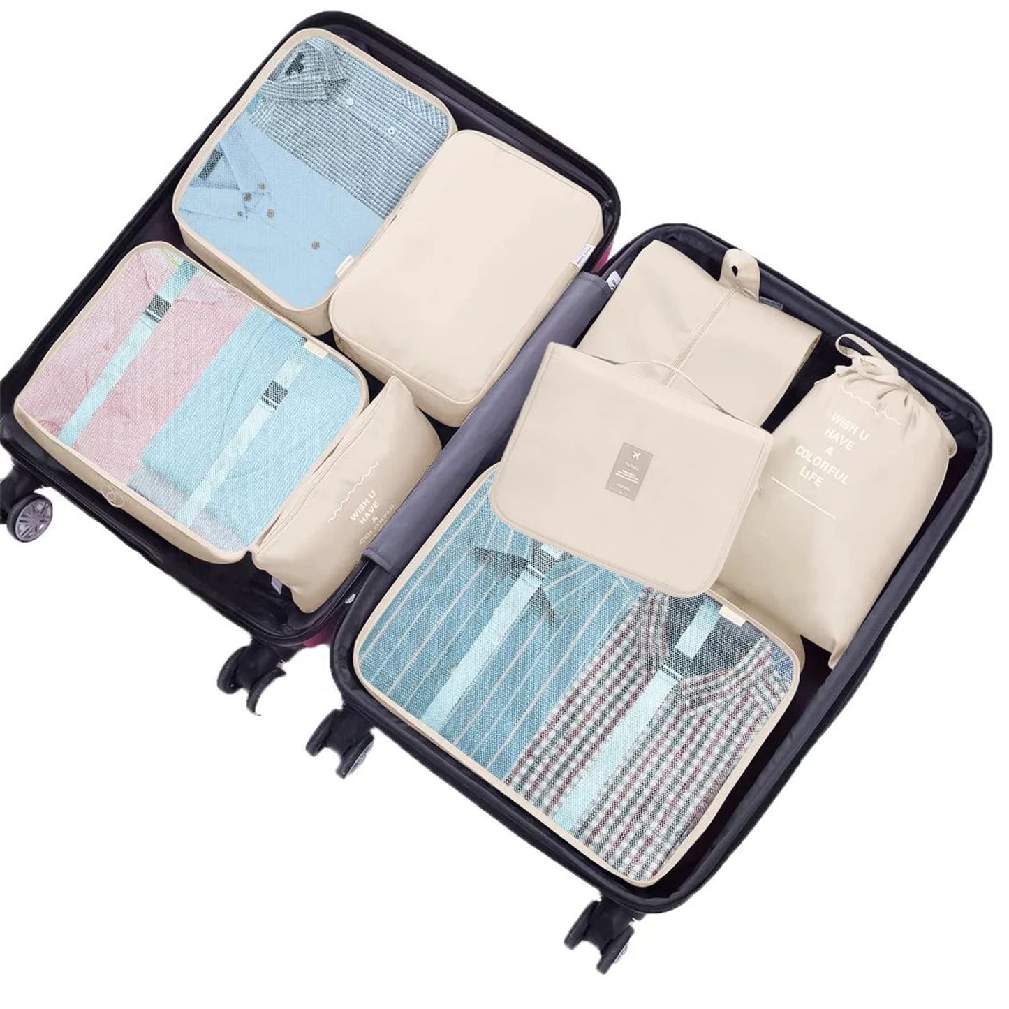 Packing Cubes, 8-delige set, kledingtassen, koffer-organizer voor vakantie en reizen, set pakkubussen, opbergsysteem voor koffer, beige