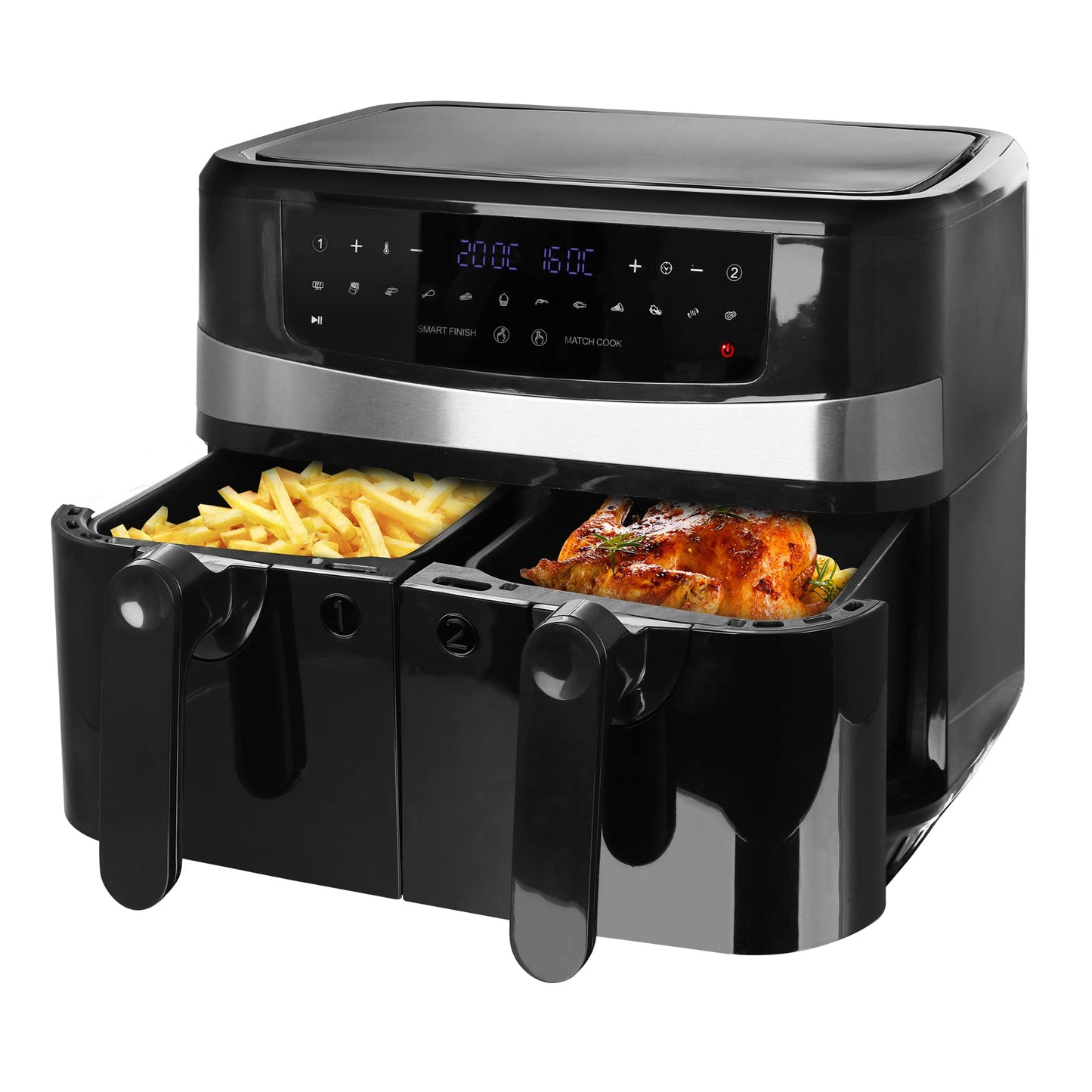 Emerio AF-126672 Digitale dubbele heteluchtfriteuse AirFryer frituren met hete lucht zonder extra olie 2 x 4,5 l volume 12 programma's BPA vrij Smart Finish functie (beide tegelijkertijd klaar),zwart