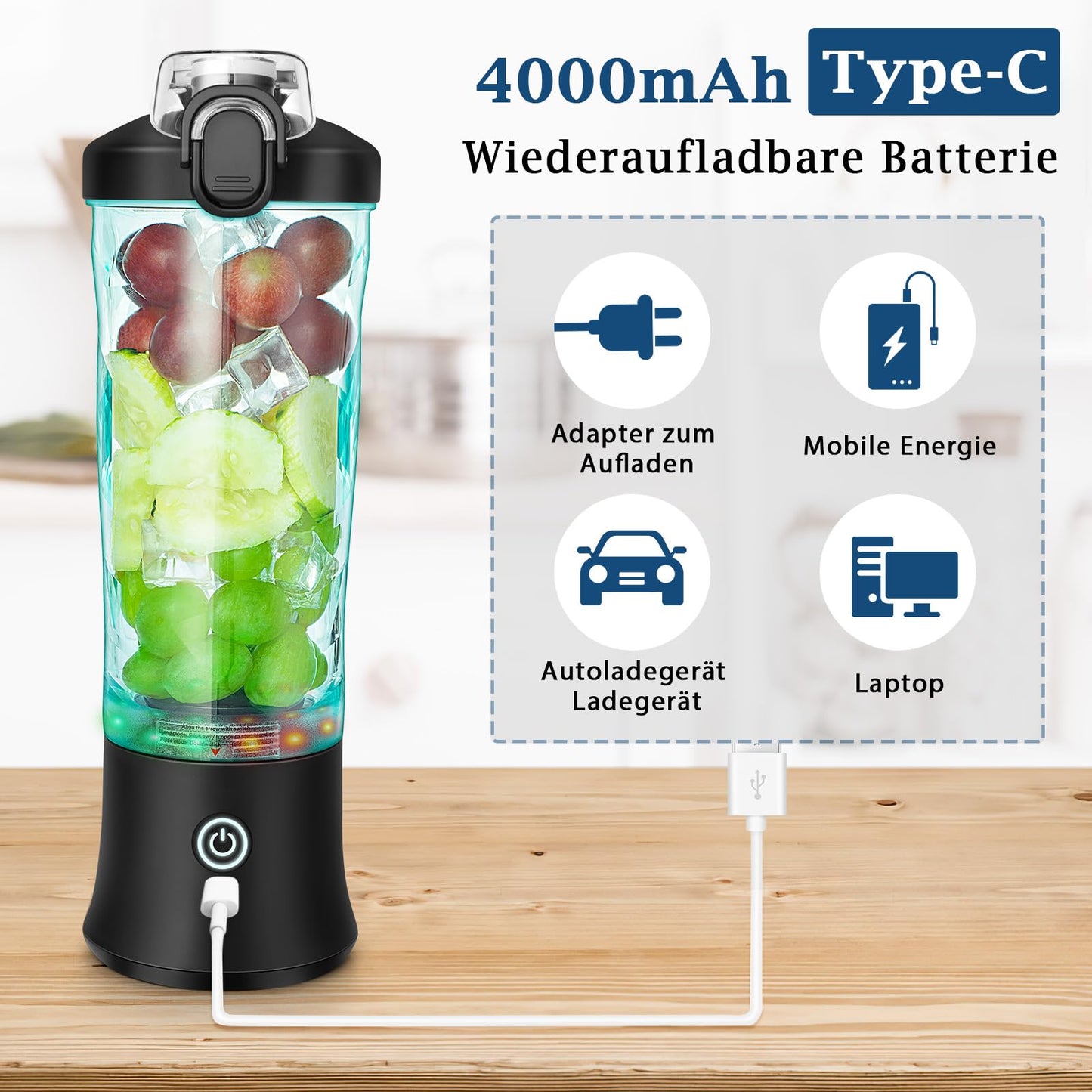 Rainpal Draagbare Blender voor Shakes en Smoothies, 600mL USB Oplaadbare Blender met Deksel, 6 Bladen, Draadloze Persoonlijke Blender, BPA-Vrije Smoothiebeker voor Buiten, Sport, Keuken