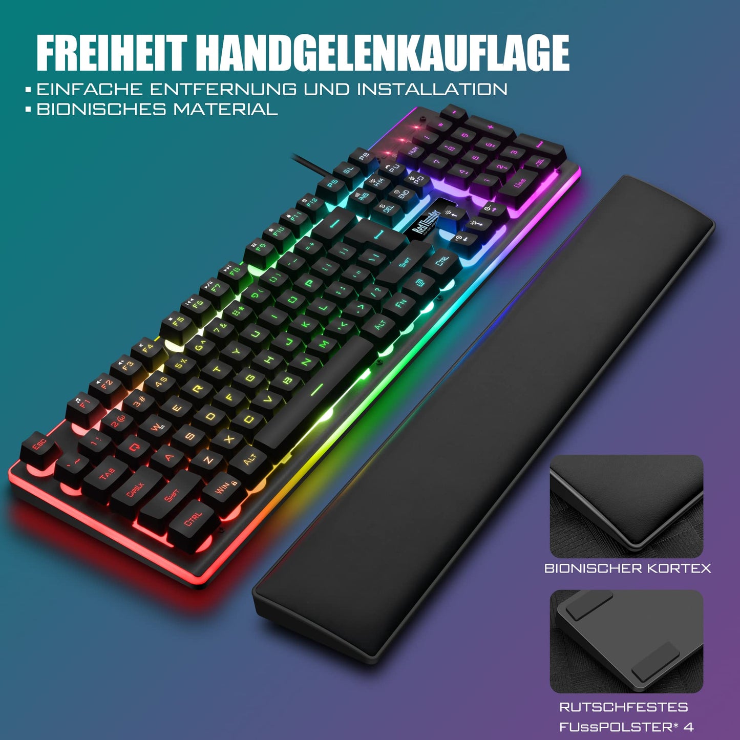 RedThunder K10 Bekabeld Gaming-toetsenbord en Muiscombinatie, Echte Achtergrondverlichting, Zachte Lederen Polssteun, Anti-ghosting Toetsenbord + 7D 3200 dpi-muis voor PC Gamer (Zwart)