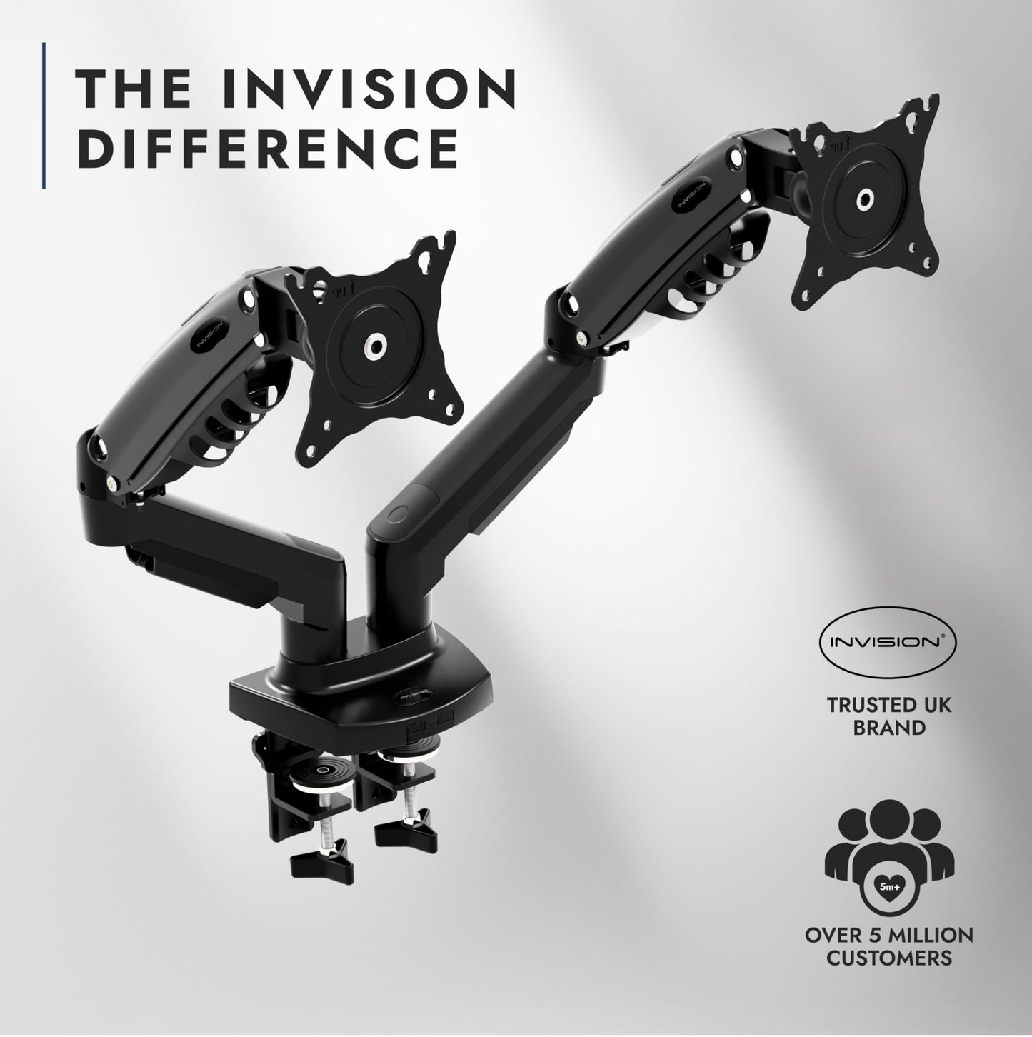 Invision Dubbele monitorarm met bureaubevestiging voor schermen van 19 tot 32 inch - VESA 75 & 100 mm standaard bureauklem - Gereedschapsloze hoogteverstelling met kantelen en roteren - Verhoogde laadcapaciteit van 2 - 9 kg (MX400)