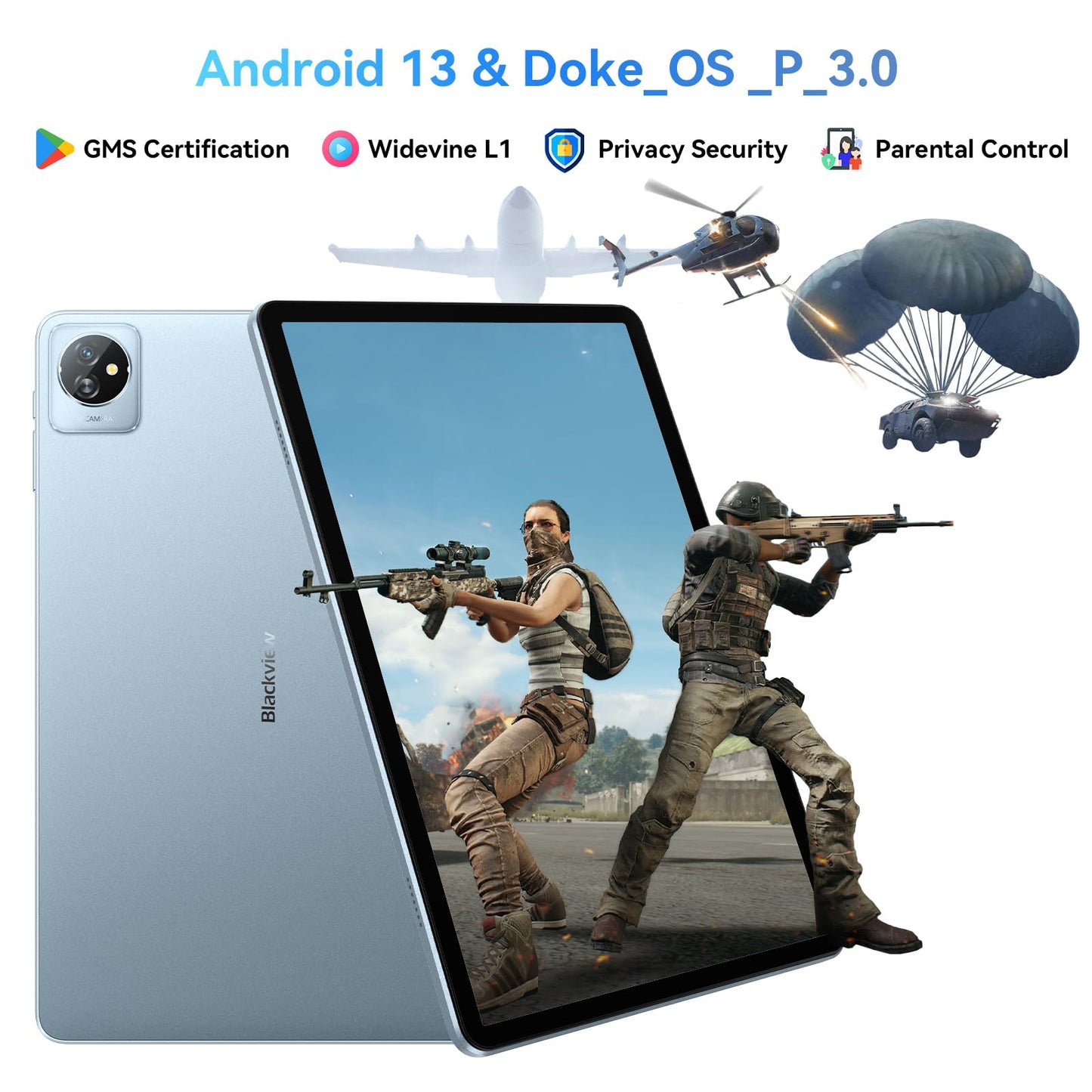 WiFi 6 Blackview Tab 70 Tablet Android 13, Tablet 10,1 inch 8 + 64 GB (2 TB TF), 6580 mAh/Bluetooth 5.0/1280 x 800 HD+ IPS/Google GMS/Widevine L1/OTG/3 Camera's/Ouderlijk Toezicht/2 Jaar Garantie