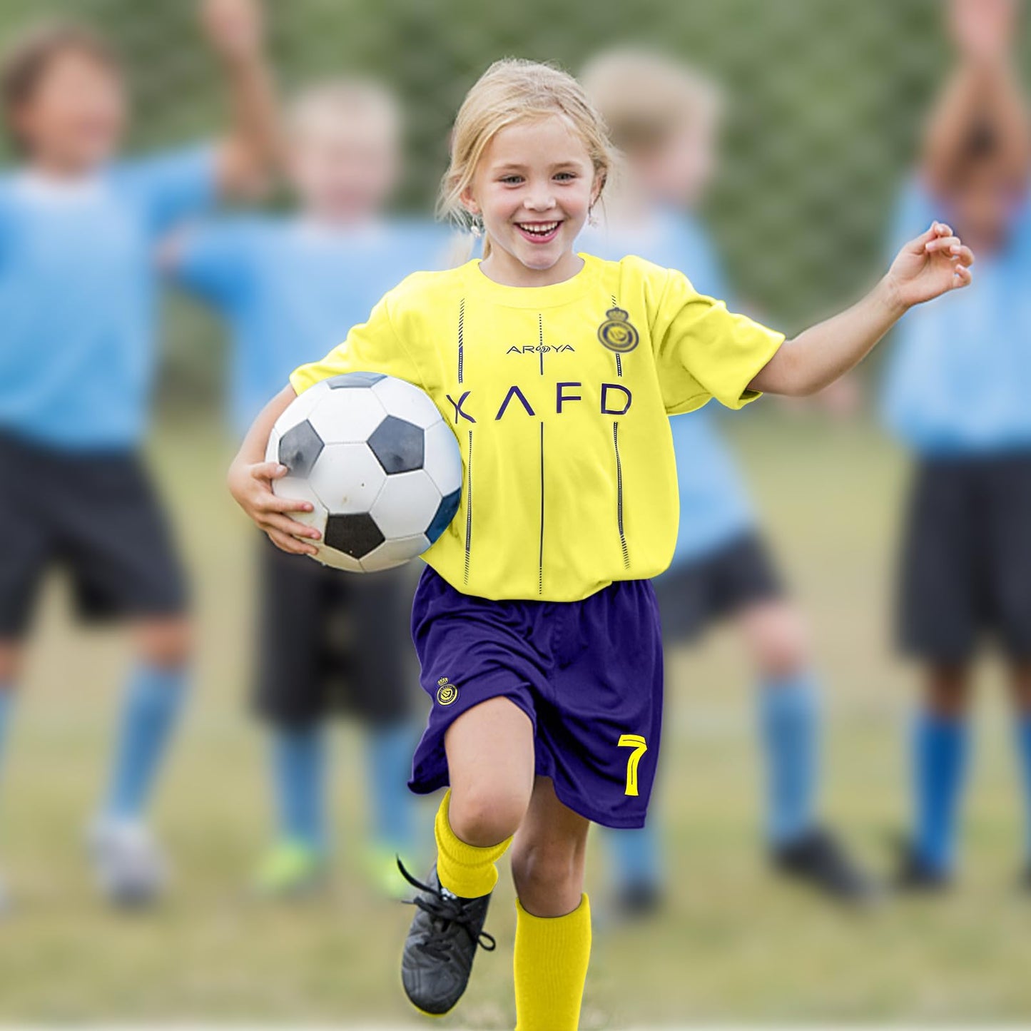 Ronronner Voetbalshirt voor kinderen, voetbalshirt, voetbalshirt, korte mouwen, set met korte mouwen, nr. 7 Yellow jersey, voetbalshirt met sokken voor volwassenen en kinderen