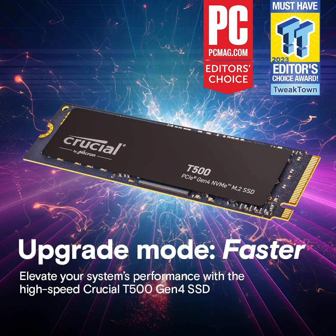 Crucial T500 1TB PCIe Gen4 NVMe M.2 Interne Gaming SSD (Solid State Drive), Tot 7300MB/s, Compatibel met Laptop en Desktop, Microsoft DirectStorage - CT1000T500SSD8