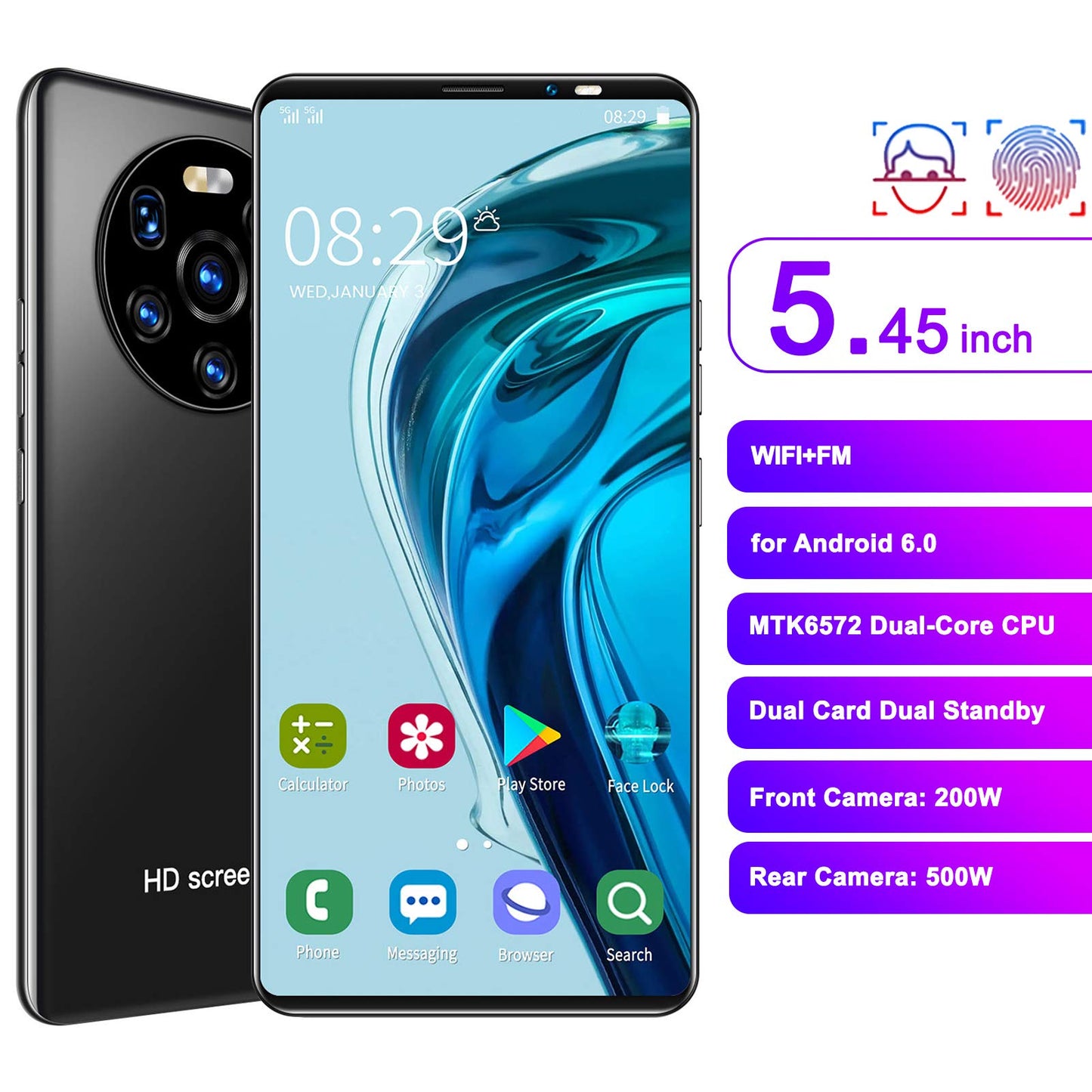 Ontgrendelde Smartphones, Mate40 Pro Dual Sim Ontgrendelde Mobiele Telefoons Slimme Telefoon, 5.45“ Scherm, 1GB RAM + 8GB ROM, 2MP + 5MP, Android 6.0, Gezicht & Vingerafdruk Ontgrendelen(Zwart)