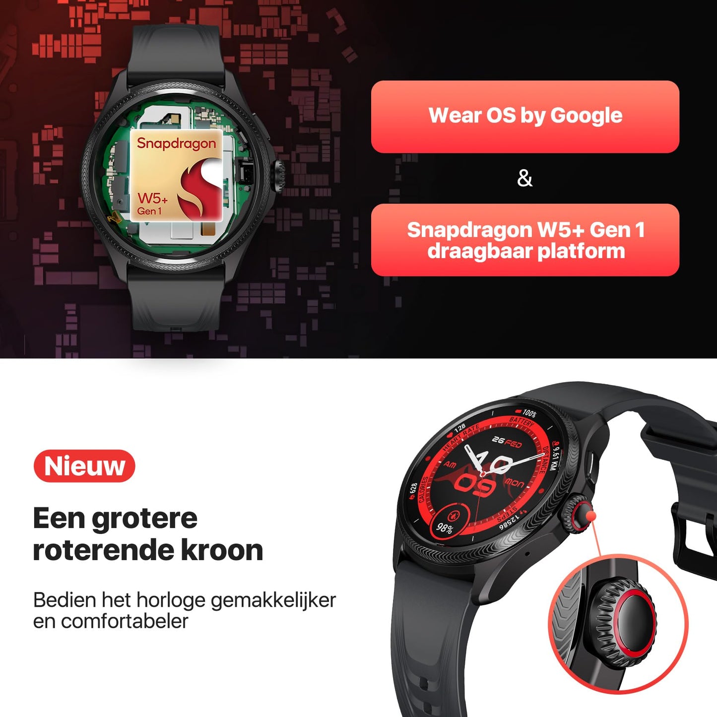 TicWatch Pro 5 Enduro Smartwatch voor heren 1,43 inch Android Wear OS Smart Watch 90 uur batterij 110+ trainingsmodi 7/24 Hartslag Gezondheid Fitness Tracker Buiten 5ATM GPS Kompas