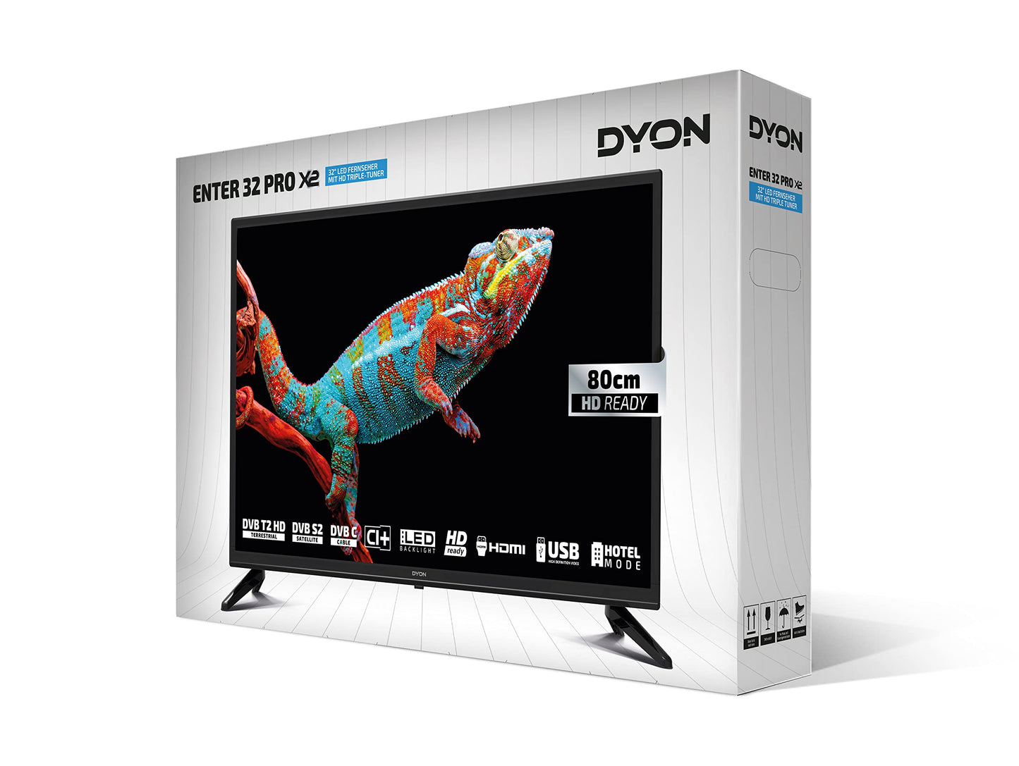 DYON Enter 32 Pro X2 TV van 80 cm (32 inch) (HD LED-tv, drievoudige tuner (DVB-C/-S2/-T2), hotelmodus, afspelen van USB-media), zwart