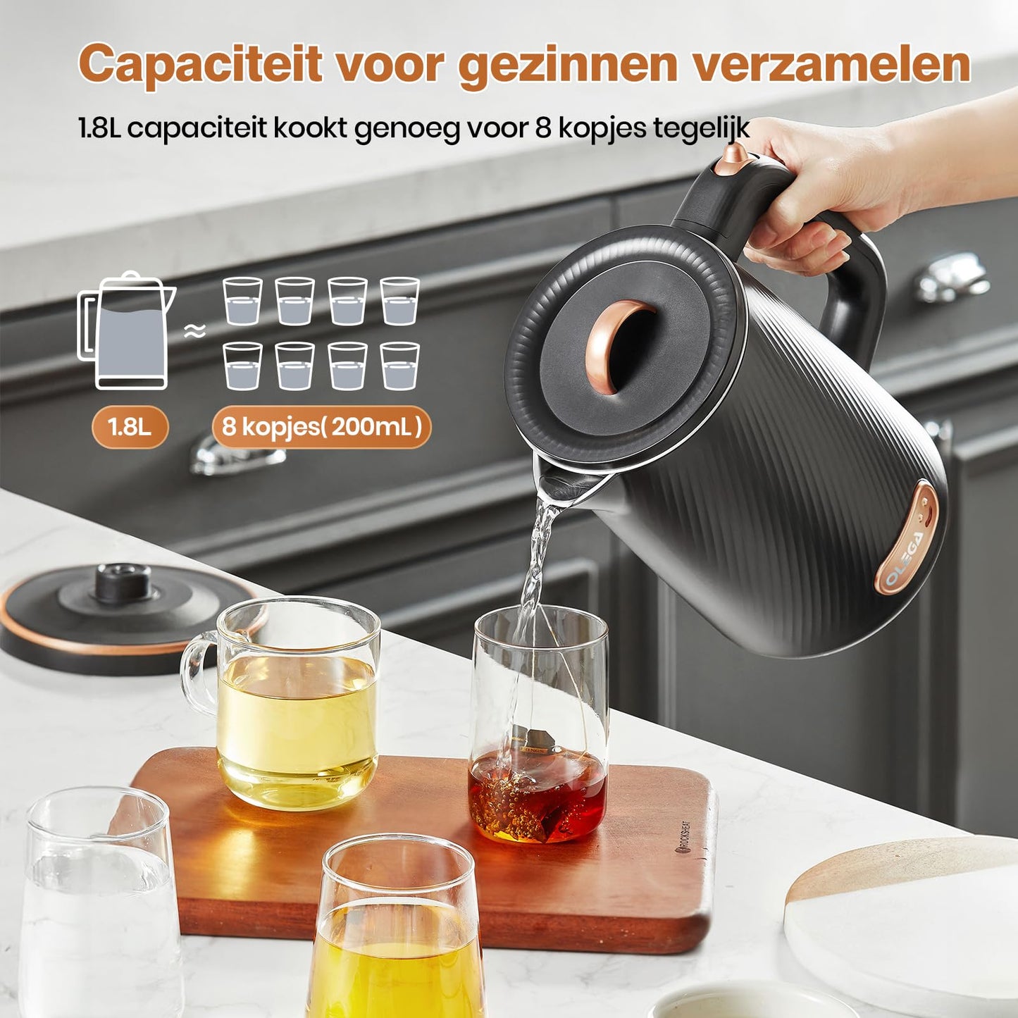 OLEGA Elektrische waterkoker voor kokend water, 1500 W snelkokend heet water, waterkoker, 1,8 liter, draagbare warmwaterkoker, elektrische theekoker, koffiepot