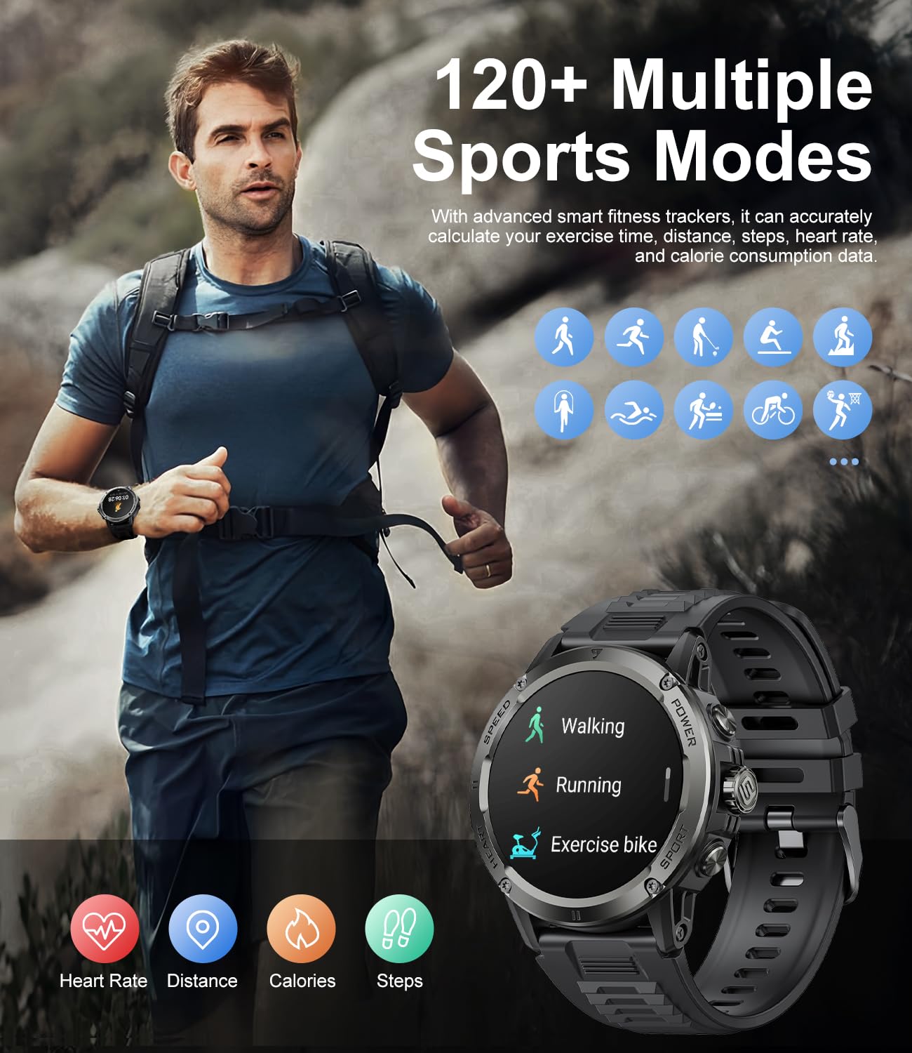 FOXBOX Smartwatch voor heren, 1,52 inch smartwatch met 24/7 hartsnelheid, bloeddruk, SpO2, slaapmonitor voor Android iOS, 100 sportmodi, Smart Watch, IP68, Bluetooth-oproepen, kompas, Always on