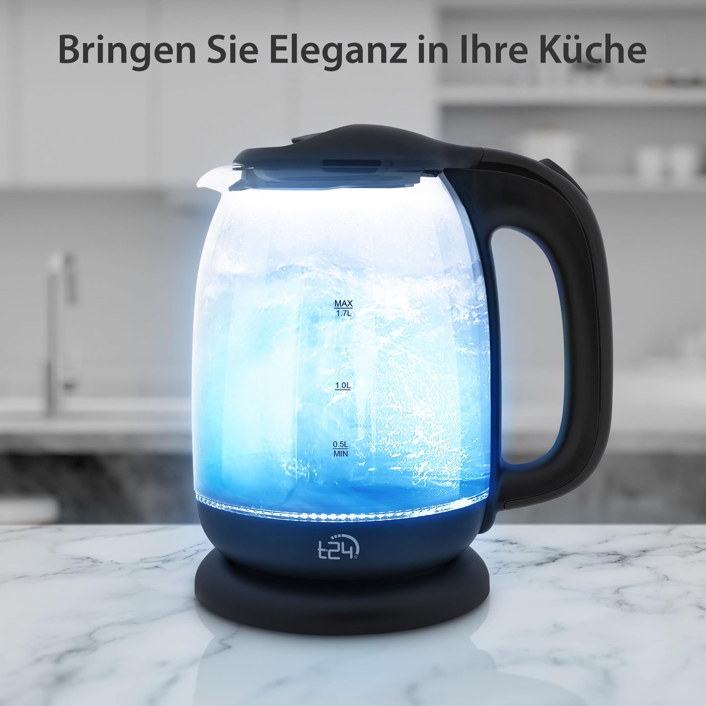 T24 Glazen led-waterkoker, 1,7 liter, met ledverlichting, waterkoker, zwart, ketel, warmwaterdispenser, elektrische ketting 2200 W, TÜV Rheinland GS-gecertificeerd