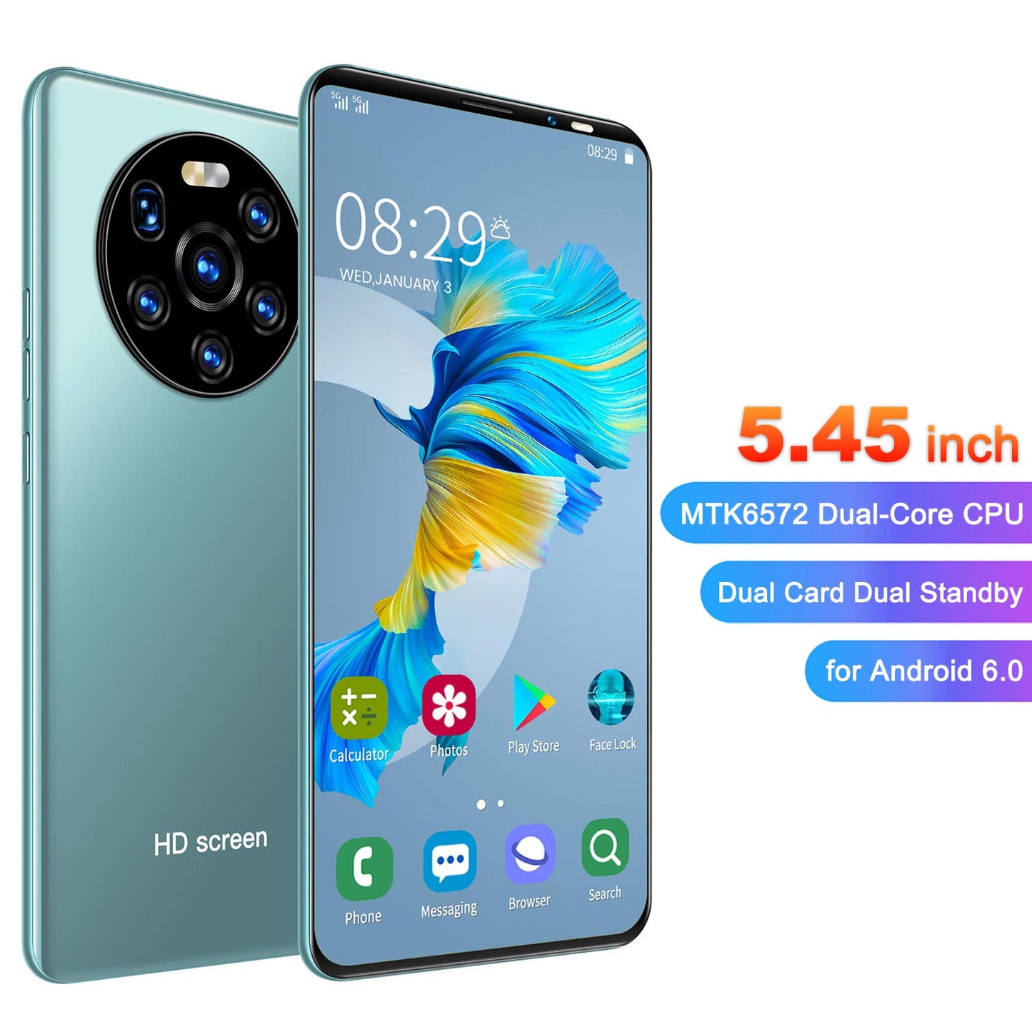 Mate40 Pro ontgrendelde mobiele telefoon, voor Android 6 5.45in HD Full Screen Dual SIM 3G Smartphone, Dual-Core CPU, 1GB + 8GB, 2200mAh-batterij, dubbele camera's, gezichtsherkenning(groen)