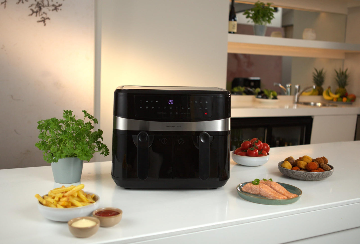 Emerio AF-126672 Digitale dubbele heteluchtfriteuse AirFryer frituren met hete lucht zonder extra olie 2 x 4,5 l volume 12 programma's BPA vrij Smart Finish functie (beide tegelijkertijd klaar),zwart