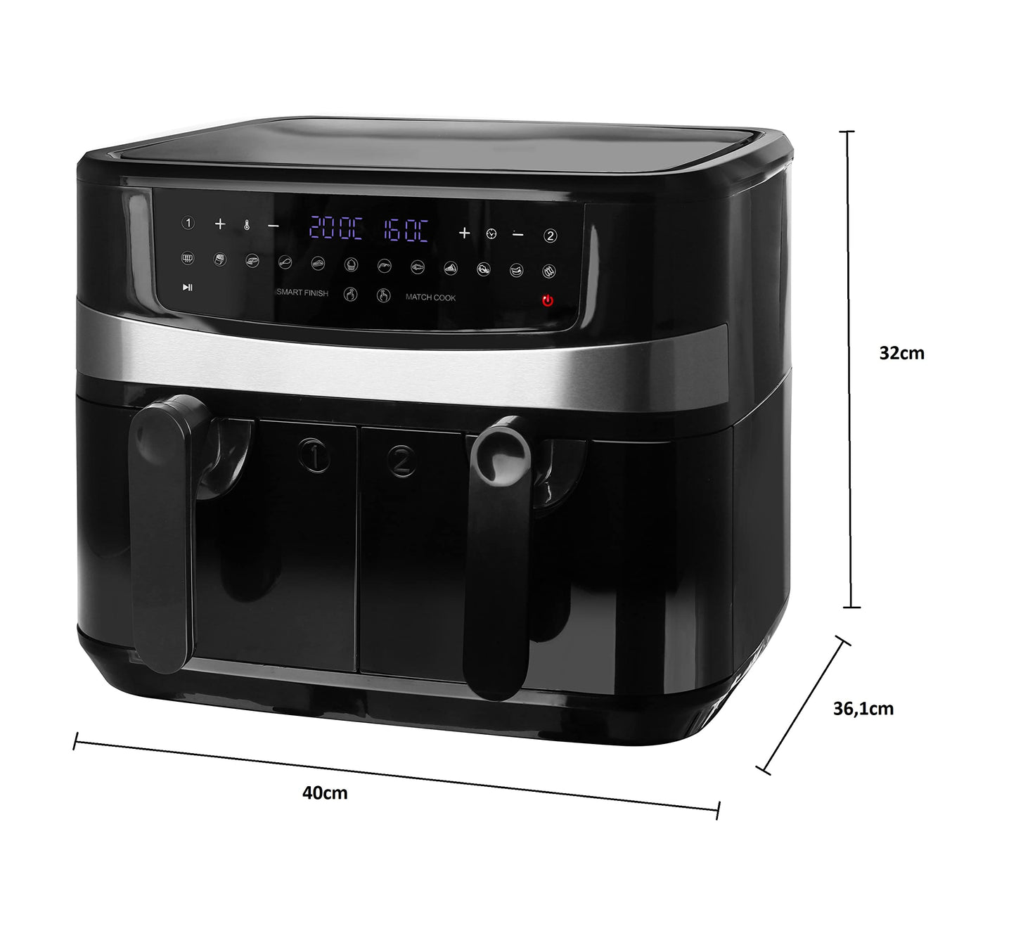 Emerio AF-126672 Digitale dubbele heteluchtfriteuse AirFryer frituren met hete lucht zonder extra olie 2 x 4,5 l volume 12 programma's BPA vrij Smart Finish functie (beide tegelijkertijd klaar),zwart