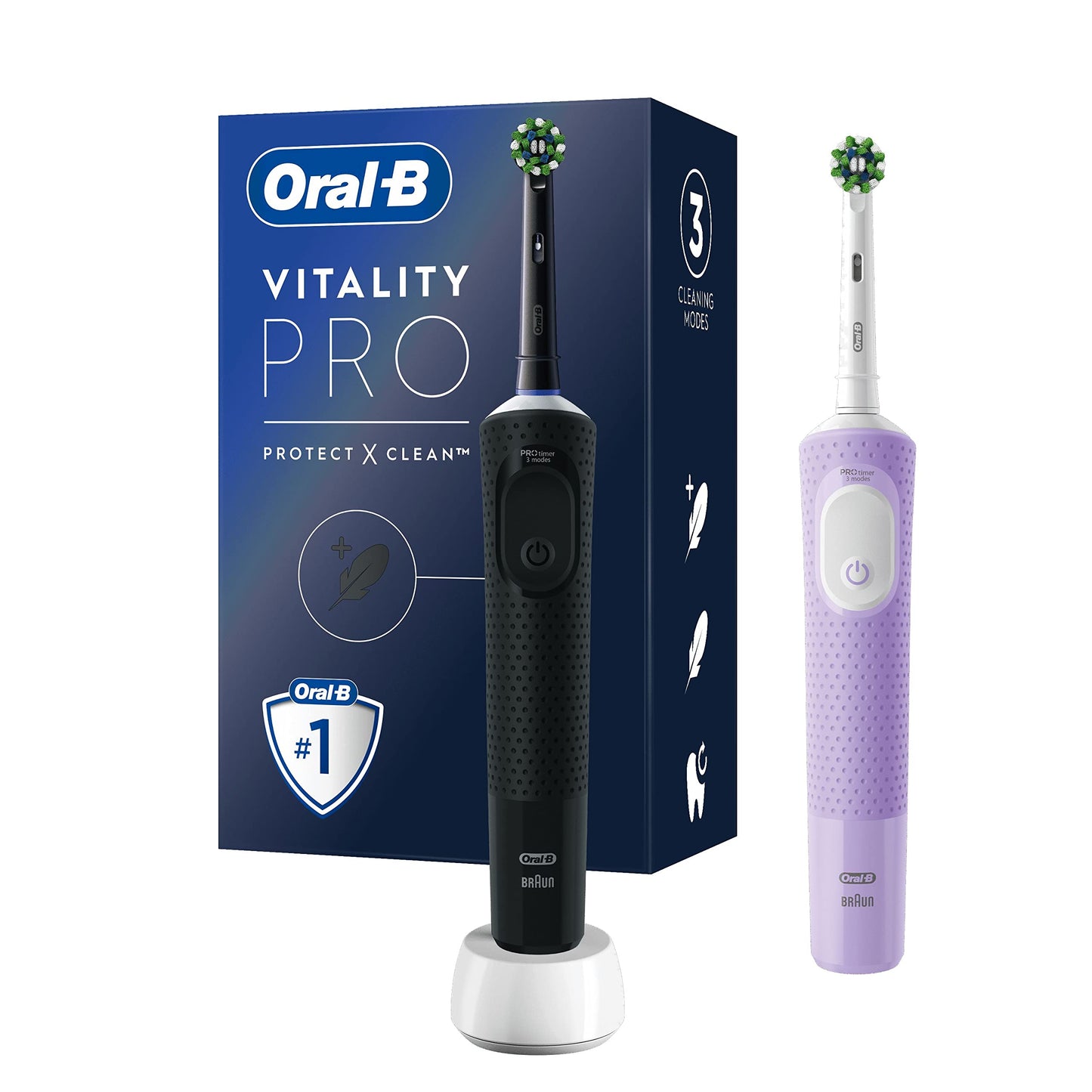 Oral B Vitality Pro Duopack, Zwart & Paars Elektrische Tandenborstels, 2 Opzetborstels, Ontworpen Door Braun