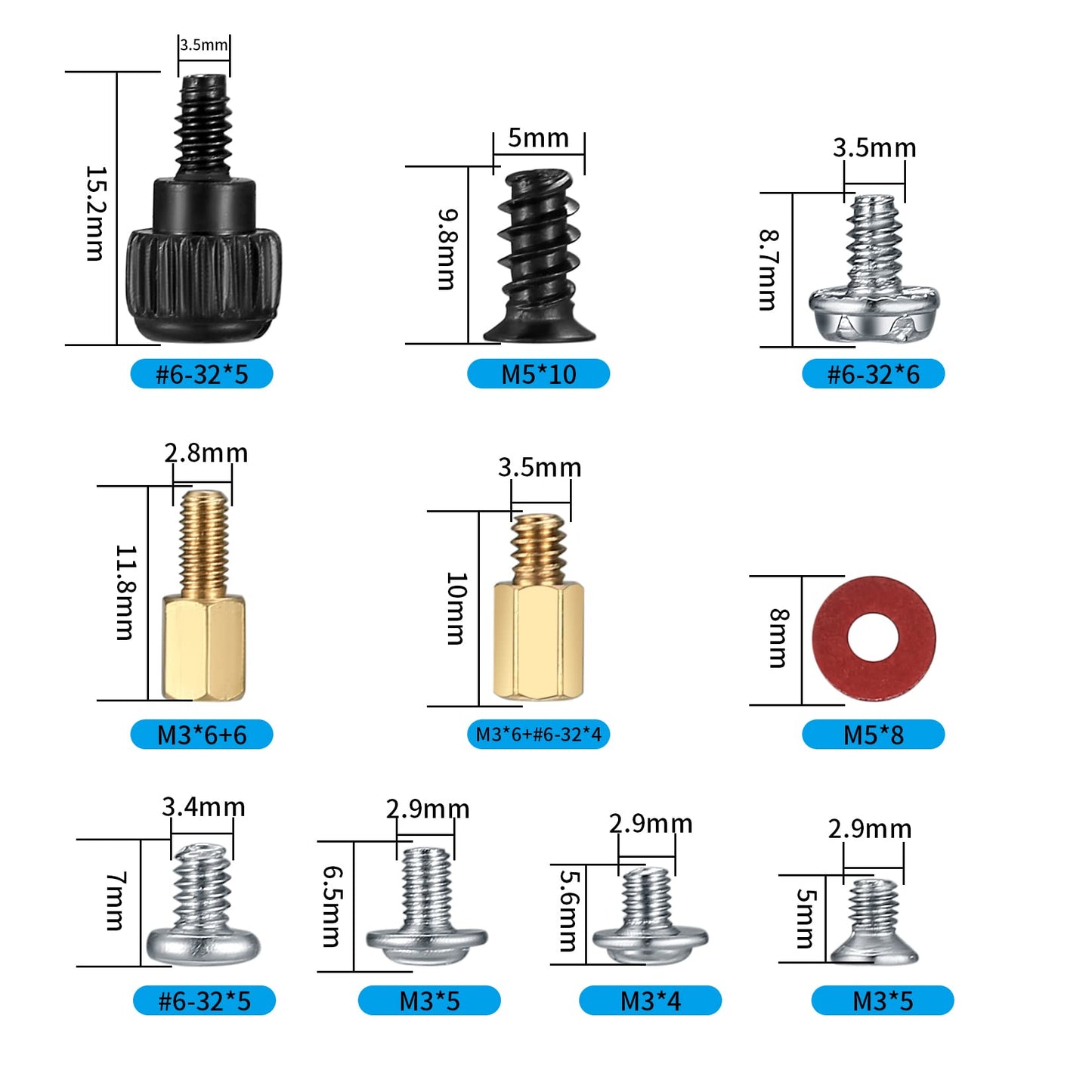 380 stuks PC-schroevenset, SSD-schroevenset, PC-moederbord computerschroeven afstandhouderset, schroeven #6-32 stekker naar M3-bus voor harde schijfventilator, behuizing, SSD, CD-ROM, computer