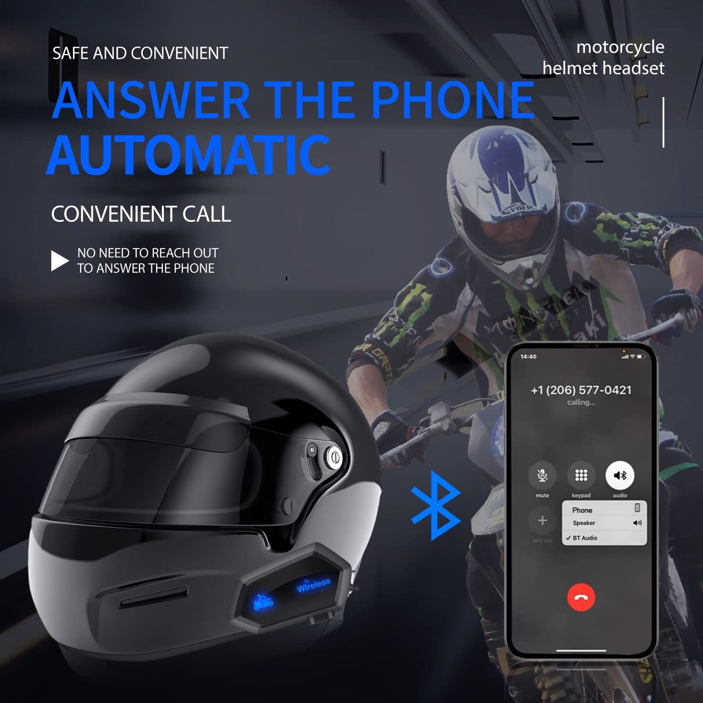 OBEST Motorhelm, headset, Bluetooth 5.0, ultradunne helm, hoofdtelefoon, draadloos, waterdichte bluetooth-hoofdtelefoon, ruisonderdrukking, Siri oproepen, voor motorsport, handsfree, muziek, GPS/skiing