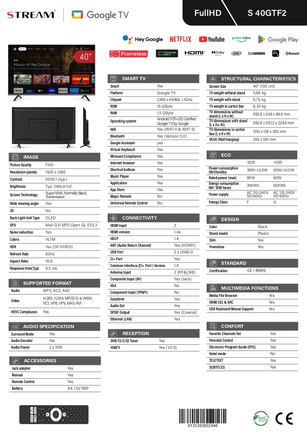 Stream System - Google TV Smart 40", HD Ready, HDR10, Frameless (Frameless), Google Assistent, Chromecast geïntegreerd - Model S40GTF2 (2024)