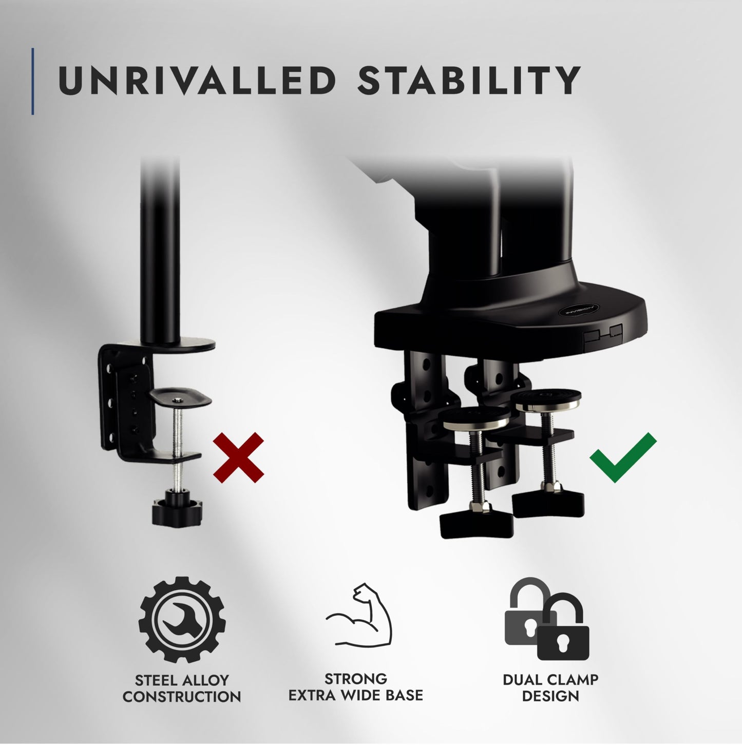 Invision Dubbele monitorarm met bureaubevestiging voor schermen van 19 tot 32 inch - VESA 75 & 100 mm standaard bureauklem - Gereedschapsloze hoogteverstelling met kantelen en roteren - Verhoogde laadcapaciteit van 2 - 9 kg (MX400)