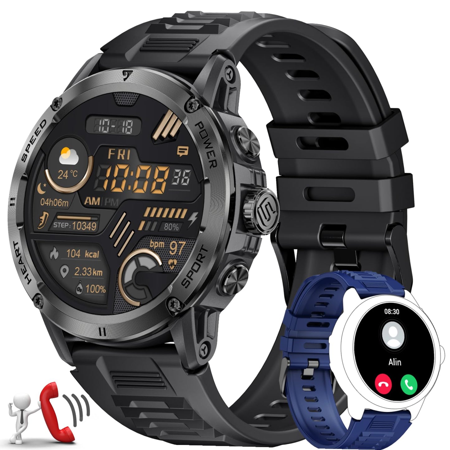 FOXBOX Smartwatch voor heren, 1,52 inch smartwatch met 24/7 hartsnelheid, bloeddruk, SpO2, slaapmonitor voor Android iOS, 100 sportmodi, Smart Watch, IP68, Bluetooth-oproepen, kompas, Always on