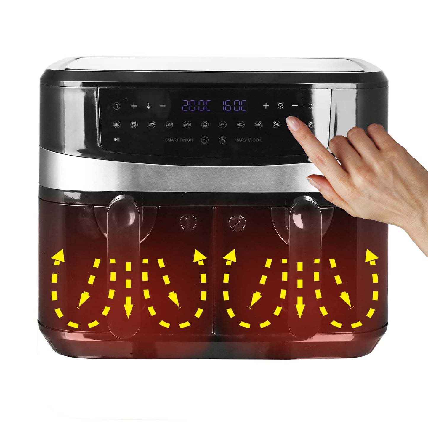 Emerio AF-126672 Digitale dubbele heteluchtfriteuse AirFryer frituren met hete lucht zonder extra olie 2 x 4,5 l volume 12 programma's BPA vrij Smart Finish functie (beide tegelijkertijd klaar),zwart