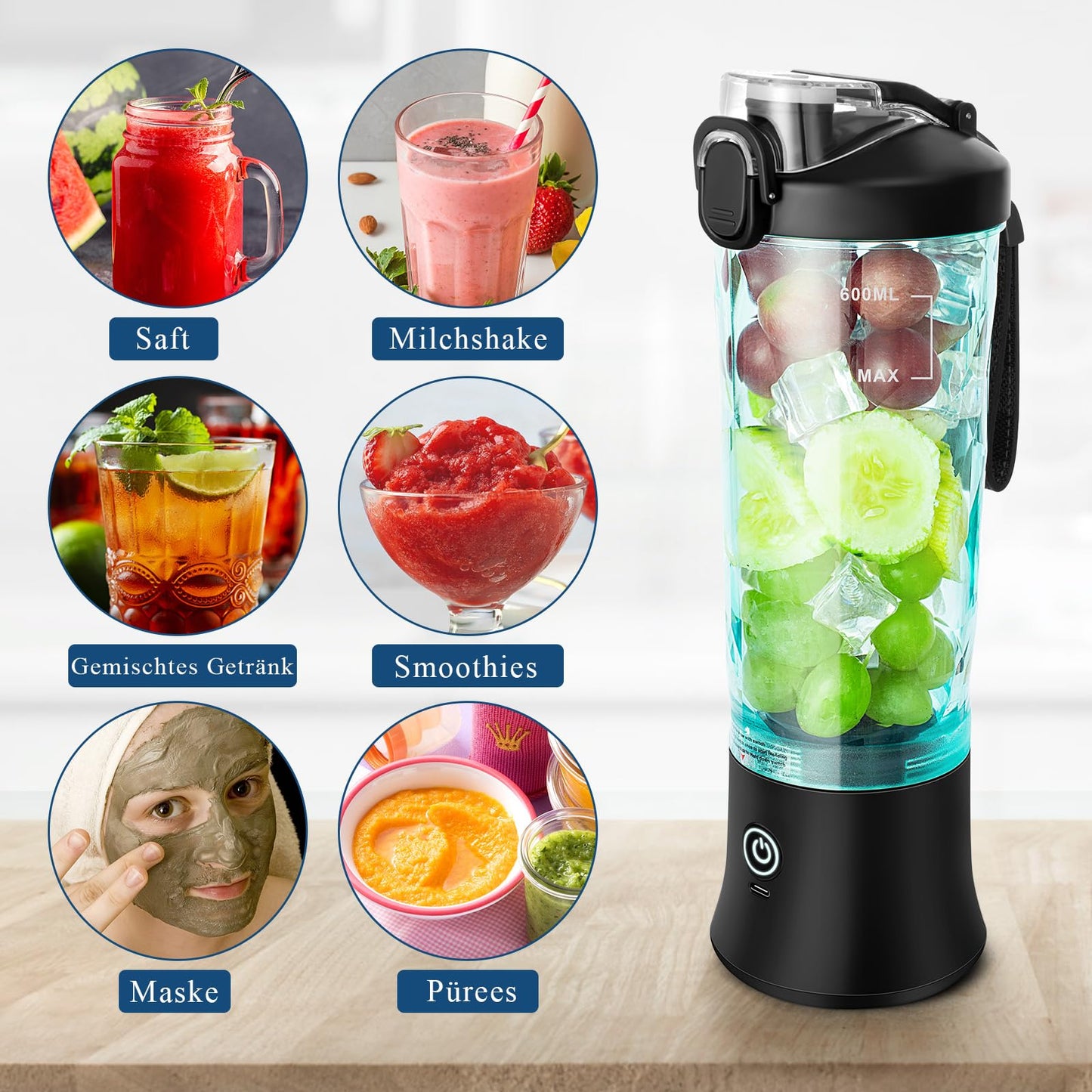 Rainpal Draagbare Blender voor Shakes en Smoothies, 600mL USB Oplaadbare Blender met Deksel, 6 Bladen, Draadloze Persoonlijke Blender, BPA-Vrije Smoothiebeker voor Buiten, Sport, Keuken