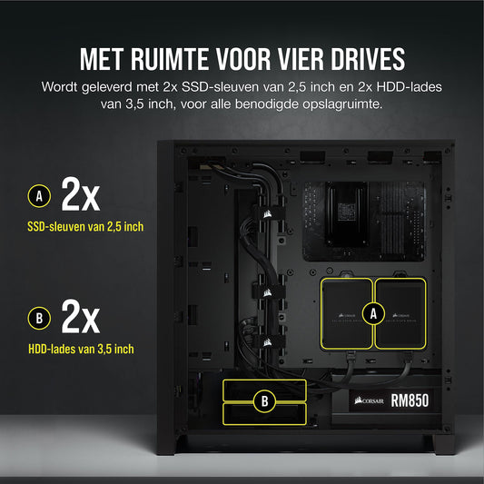 Corsair 4000D Airflow Mid-Tower ATX-Behuizing van Gehard Glas (Voorpaneel met Hoge Luchtstroom, Zijpaneel van Gehard Glas, RapidRoute-kabelbeheersysteem, Inclusief Twee Fans van 120 mm) Zwart