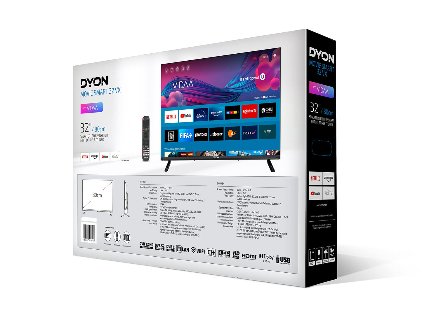 DYON Movie Smart 32 VX, 80 cm (32 inch) TV (HD Smart TV, HD Triple Tuner (DVB-C/-S2/-T2), App Store, Prime Video, Netflix, YouTube, DAZN, Disney+), model 2023