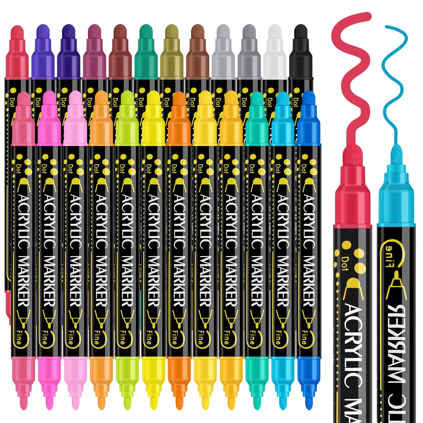 Betem 24 Kleuren Dual Tip Acryl Verf Pennen Markers, Premium Acryl Verf Pennen voor Hout, Canvas, Steen, Rock Painting, Glas, Keramische Oppervlakken, DIY Ambachten Maken Kunstbenodigdheden