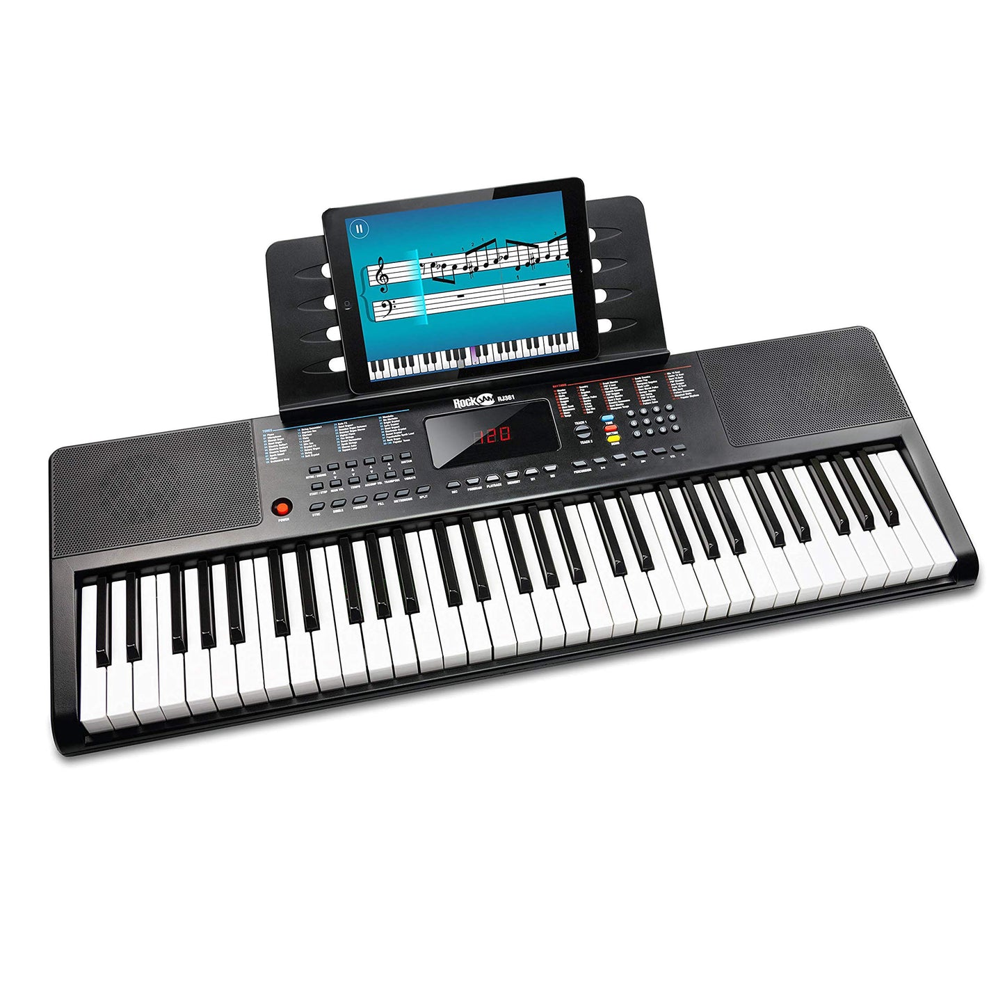 RockJam RJ361 61 Key Keyboard Piano met bladmuziekstandaard Piano Note Sticker Voeding en gewoon pianotoepassing, Zwart