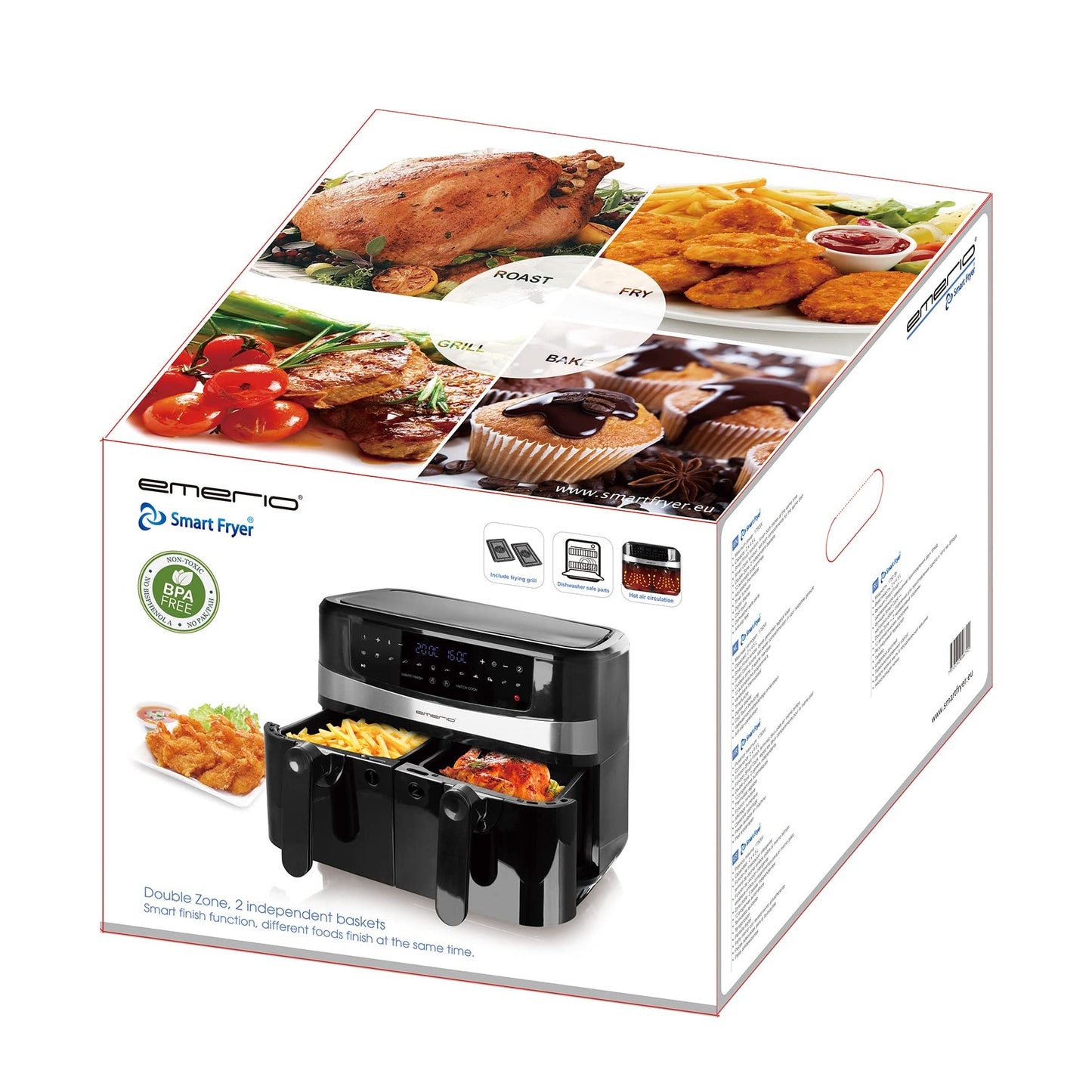 Emerio AF-126672 Digitale dubbele heteluchtfriteuse AirFryer frituren met hete lucht zonder extra olie 2 x 4,5 l volume 12 programma's BPA vrij Smart Finish functie (beide tegelijkertijd klaar),zwart