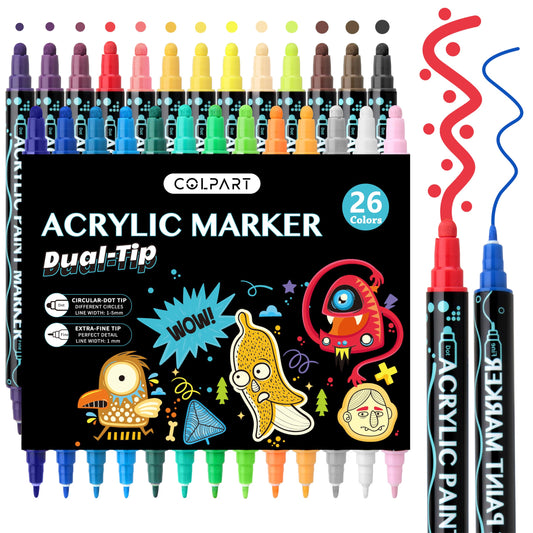 colpart 26 Kleuren Dual Tip Acryl Verf Pennen Markers, Premium Acryl Verf Pennen voor Rock Schilderen Hout Canvas Plastic Metalen Stone, Acryl Markers Voor DIY Ambachten Maken Kunst Supplies