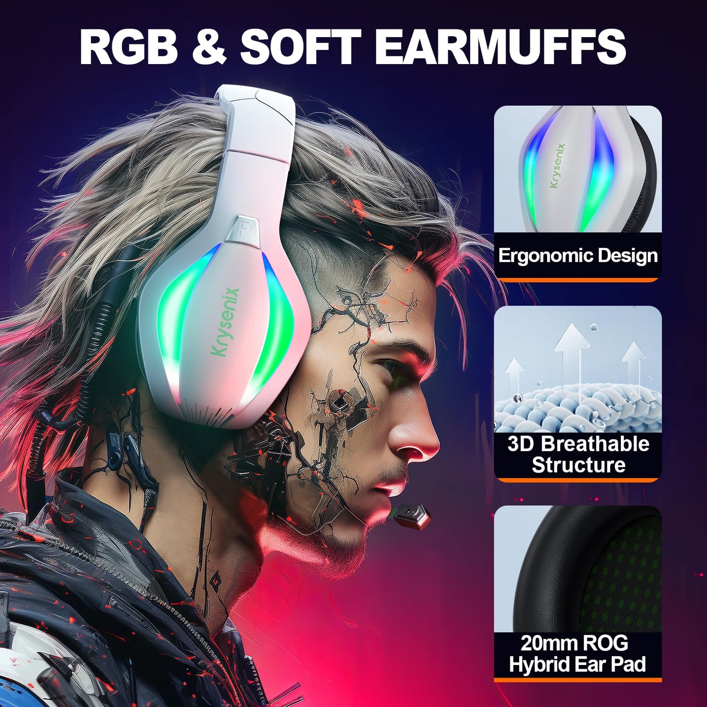 Krysenix RGB Gaming Headset voor PS4/PC/Xbox/Nintendo Switch, PS5 Headset met microfoon, gaming hoofdtelefoon met microfoon, ruisonderdrukkende hoofdtelefoon met 3,5 mm jack wit/groen