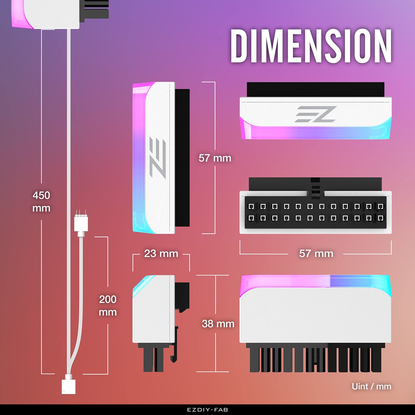 EZDIY-FAB ATX 24-pins 90 graden voedingsconnectoradapter 5V 3-pins ARGB Rainbow Vrouw-naar-mannelijke voedingsadapter voor computer Moederbord ATX-voeding - Wit-1-pack