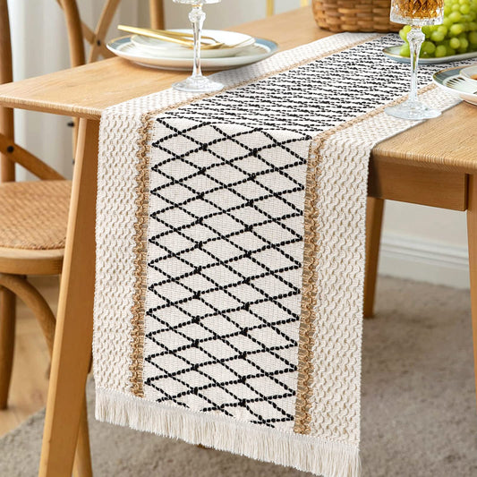 LOMOHOO Macrame Tafelloper, crème, beige, Boho, tafelloper met kwastjes, handgeweven katoen en jute, rustieke boerderijstijl, voor Bohemien, keuken, eettafel