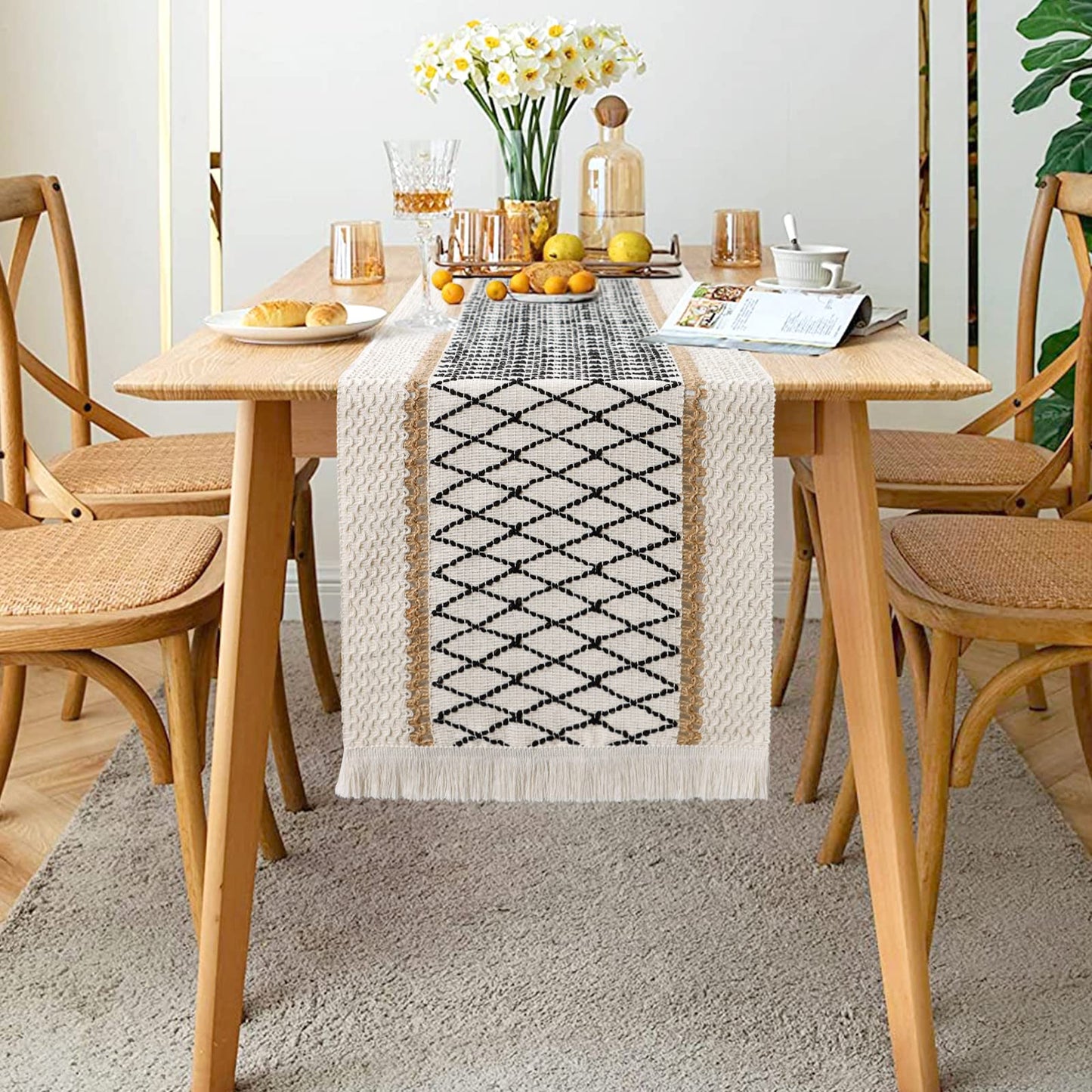 LOMOHOO Macrame Tafelloper, crème, beige, Boho, tafelloper met kwastjes, handgeweven katoen en jute, rustieke boerderijstijl, voor Bohemien, keuken, eettafel