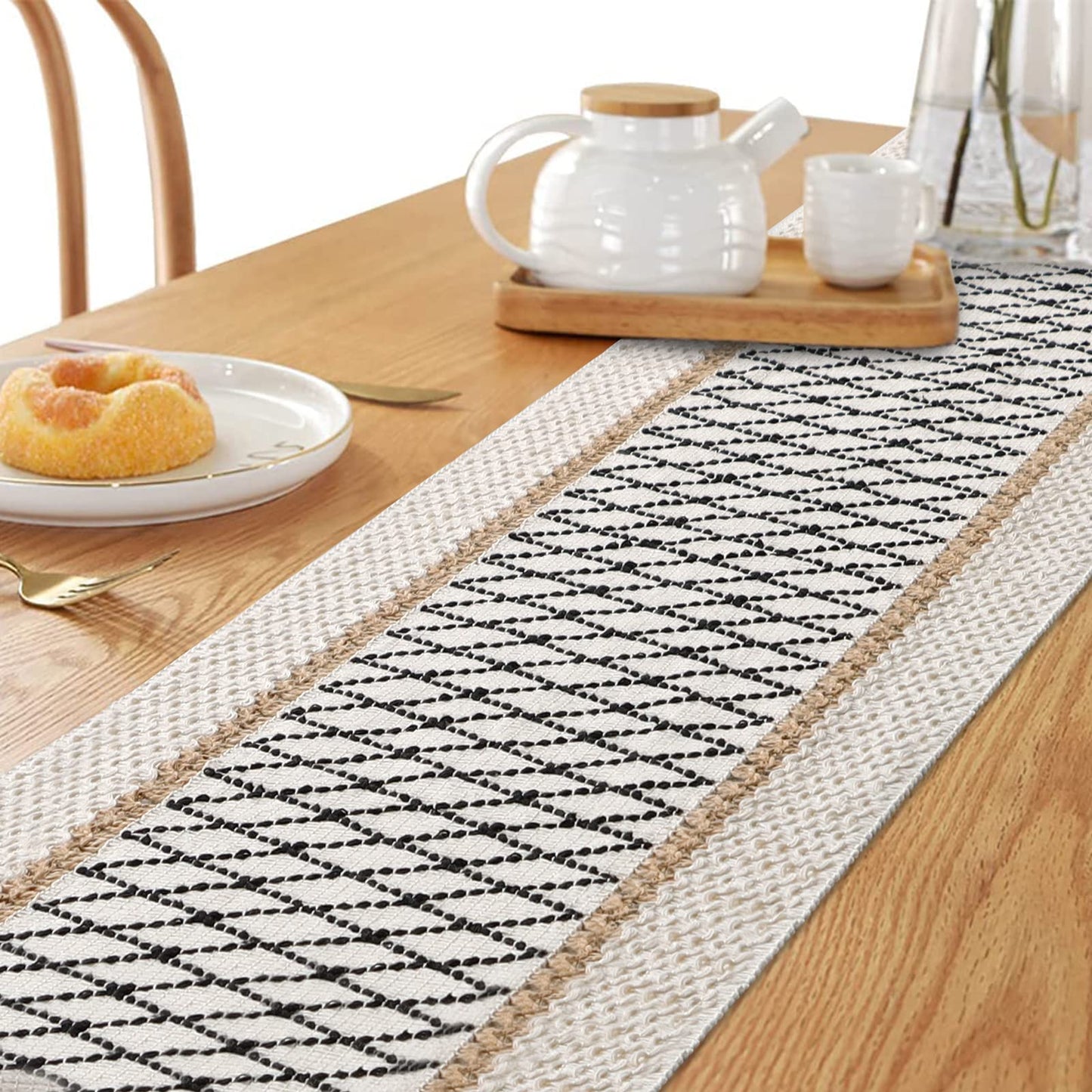 LOMOHOO Macrame Tafelloper, crème, beige, Boho, tafelloper met kwastjes, handgeweven katoen en jute, rustieke boerderijstijl, voor Bohemien, keuken, eettafel