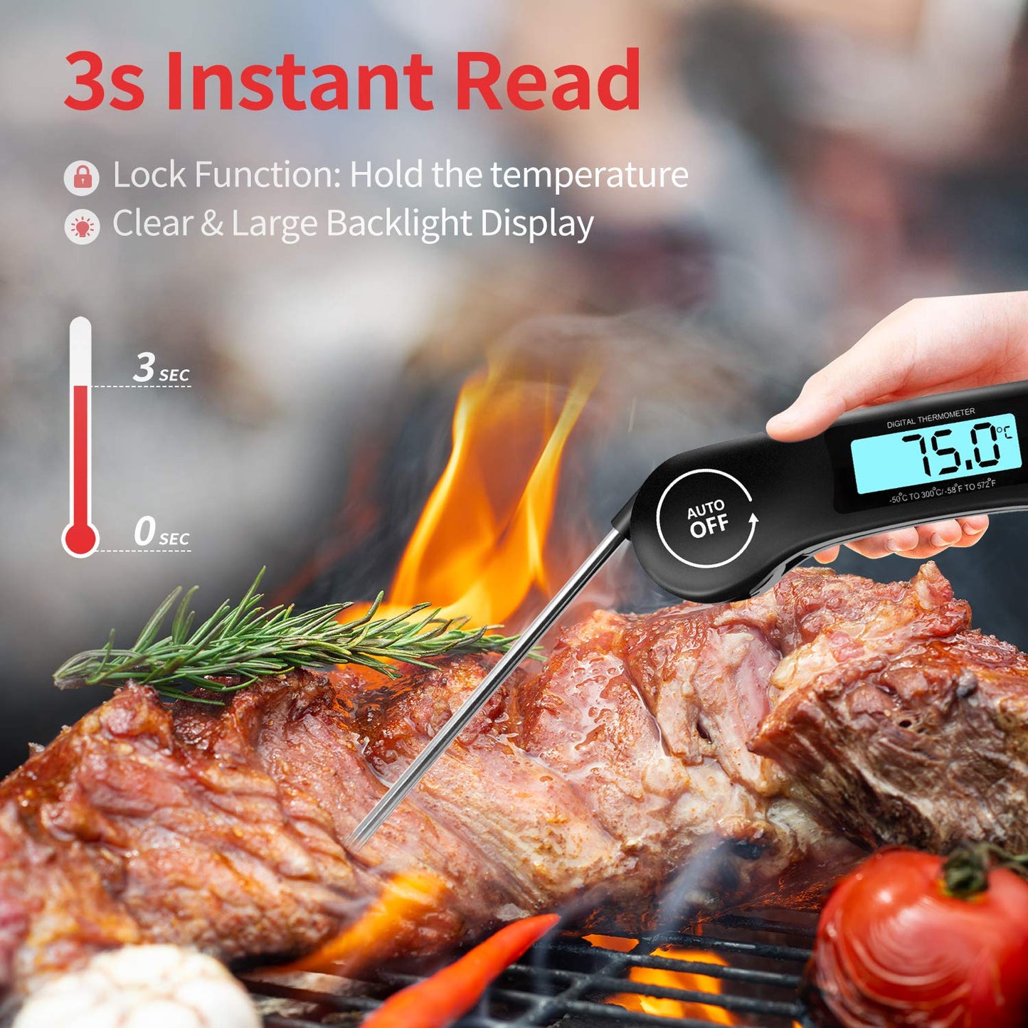 Vleesthermometer, DOQAUS Keukenthermometer Barbecuethermometer, Digitale Instant-thermometer met 3s Directe Uitlezing, Opvouwbare Lange Sonde en LCD-scherm, voor Keuken, Grill, BBQ