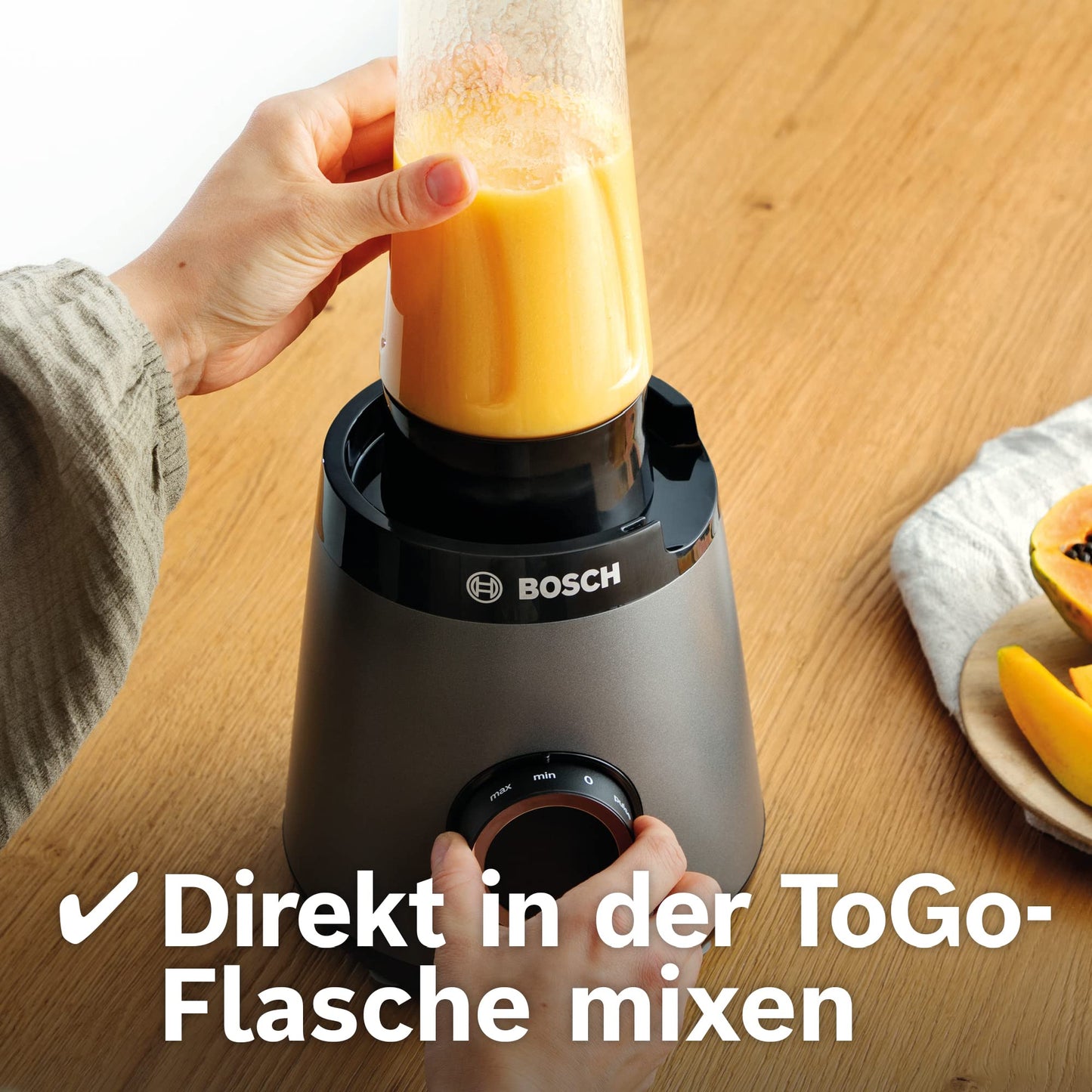 Bosch VitaPower Serie | 4 blender, MMB6177S, direct blenden in ToGo-fles, ProPerformance-systeem, 1200 Watt, ThermoSafe glazen blenderkan, 2 snelheden en pulse functie, zilver