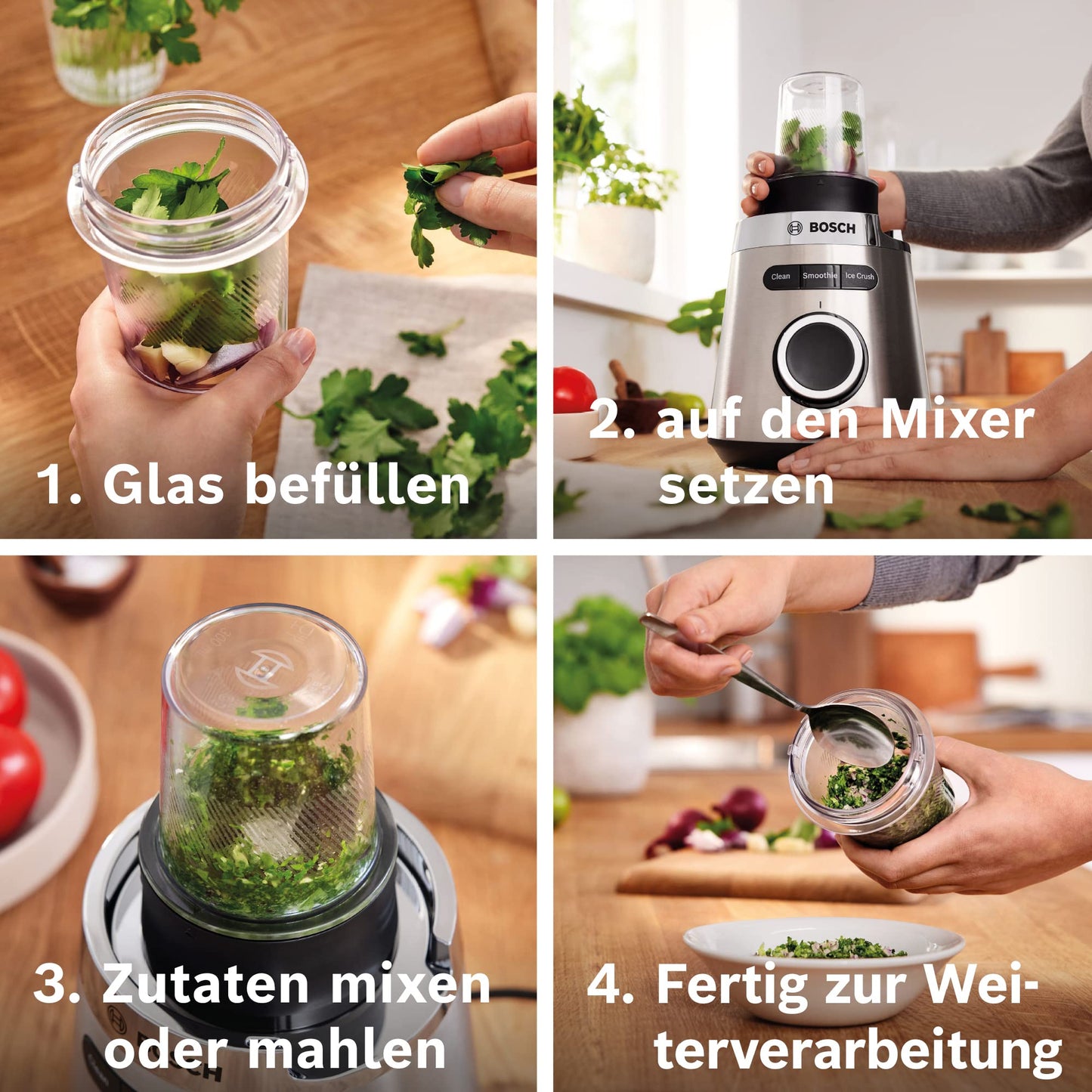 Bosch VitaPower Serie | 4 blender, MMB6177S, direct blenden in ToGo-fles, ProPerformance-systeem, 1200 Watt, ThermoSafe glazen blenderkan, 2 snelheden en pulse functie, zilver