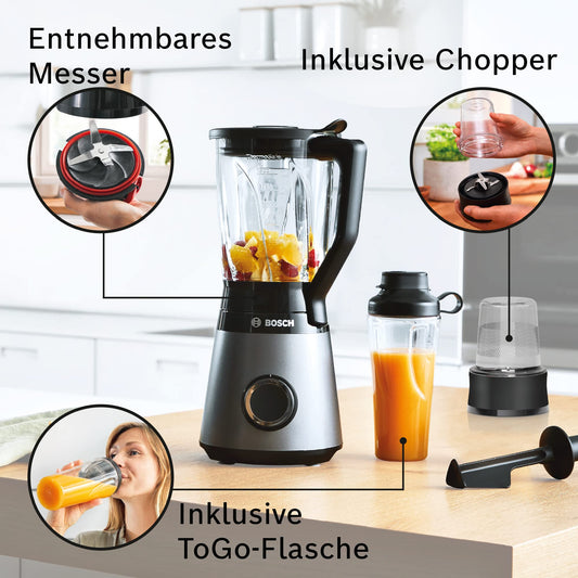 Bosch VitaPower Serie | 4 blender, MMB6177S, direct blenden in ToGo-fles, ProPerformance-systeem, 1200 Watt, ThermoSafe glazen blenderkan, 2 snelheden en pulse functie, zilver