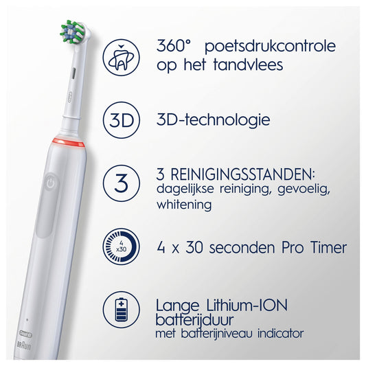 Oral-B Pro 3 3900 elektrische tandenborstel/elektrische tandenborstel, dubbelpak en 3 opzetborstels, met 3 poetsmodi en visuele 360°-drukregeling voor tandverzorging, cadeau man/vrouw, wit/zwart