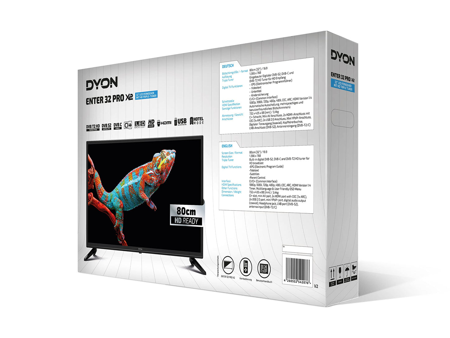 DYON Enter 32 Pro X2 TV van 80 cm (32 inch) (HD LED-tv, drievoudige tuner (DVB-C/-S2/-T2), hotelmodus, afspelen van USB-media), zwart