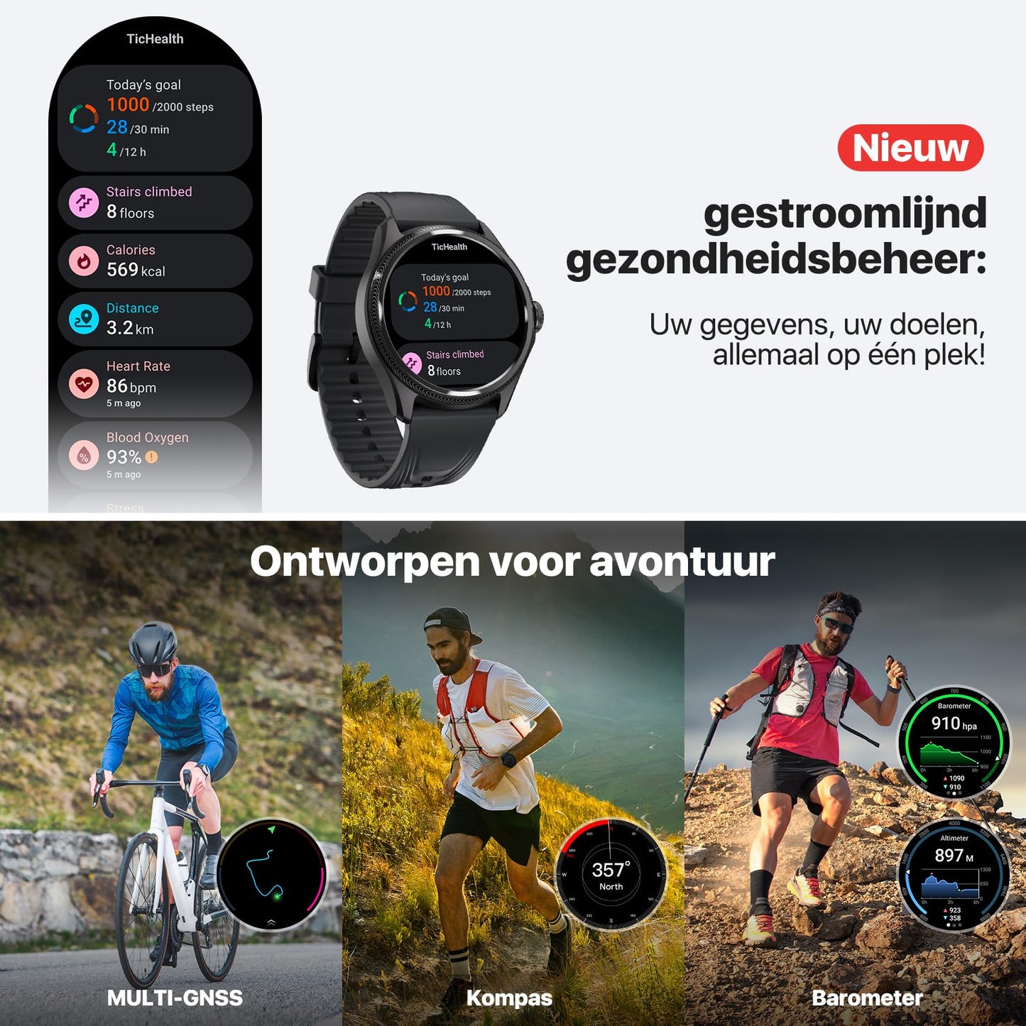 TicWatch Pro 5 Enduro Smartwatch voor heren 1,43 inch Android Wear OS Smart Watch 90 uur batterij 110+ trainingsmodi 7/24 Hartslag Gezondheid Fitness Tracker Buiten 5ATM GPS Kompas