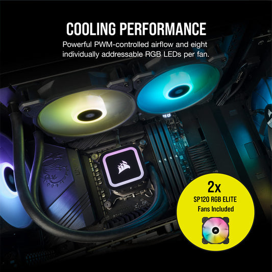 Corsair CW-9060065-WW2 H100x RGB ELITE CPU-Vloeistofkoeler 16 Dynamische RGB LED's SP120 RGB ELITE Series PWM Ventilatoren Intel® LGA 1700 1200 115X 2066 AMD® AM5/AM4 Sockets Zwart 240mm Radiator