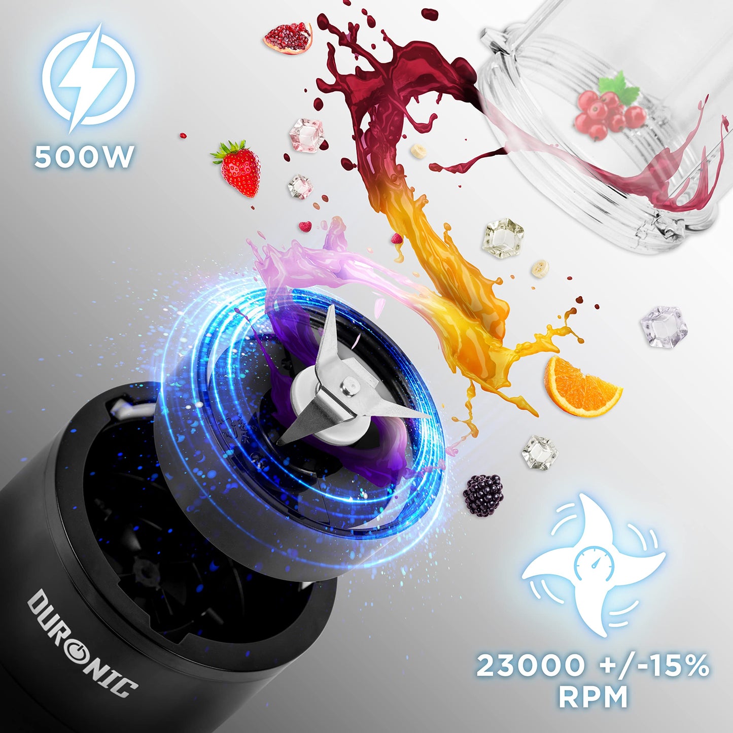 Duronic BL510 mini blender | 570 ml drinkfles | elektrische mixer 500W | sapcentrifuge roestvrijstalen messen | 2-in-1 smoothie maker | BPA vrij | proteïne fitness | babyvoeding hooggeleidingsmixer